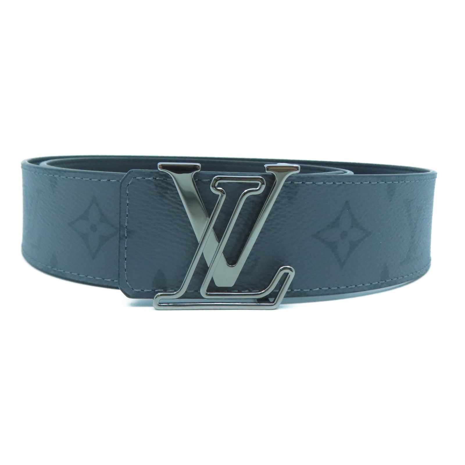 LOUIS VUITTON Monogram Eclipse Reverse Lv Line銀扣皮帶灰色/黑色