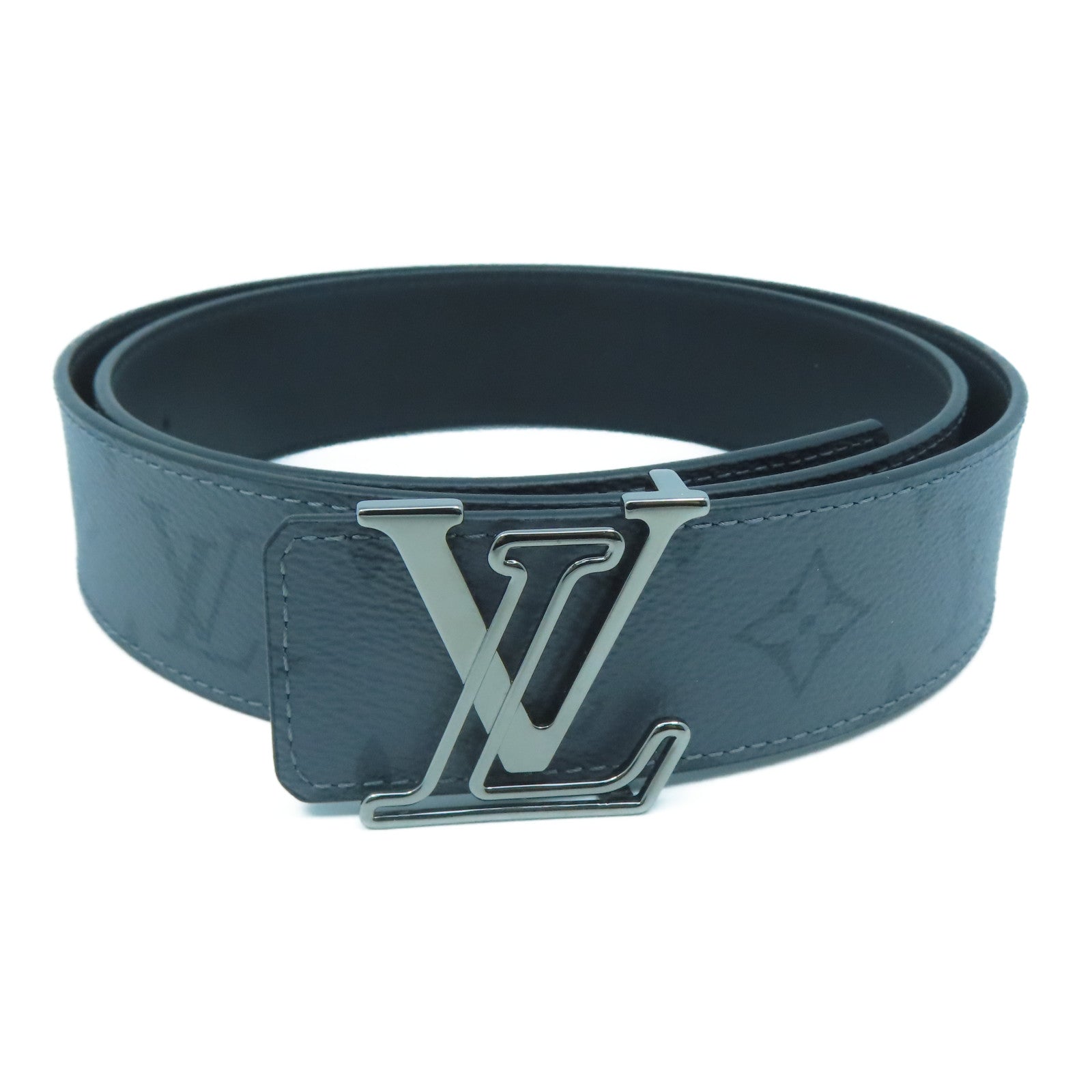 LOUIS VUITTON Monogram Eclipse Reverse Lv Line銀扣皮帶灰色/黑色
