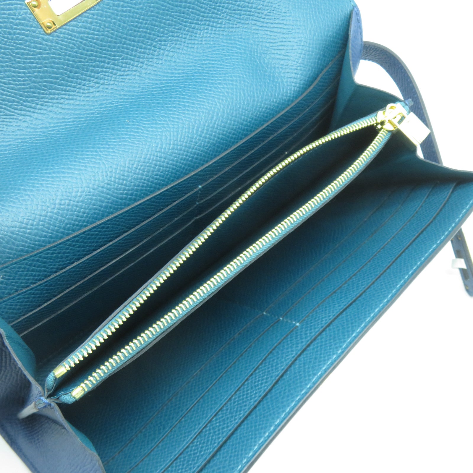 HERMES Epsom皮革Kelly Wallet金扣長錢包深藍色