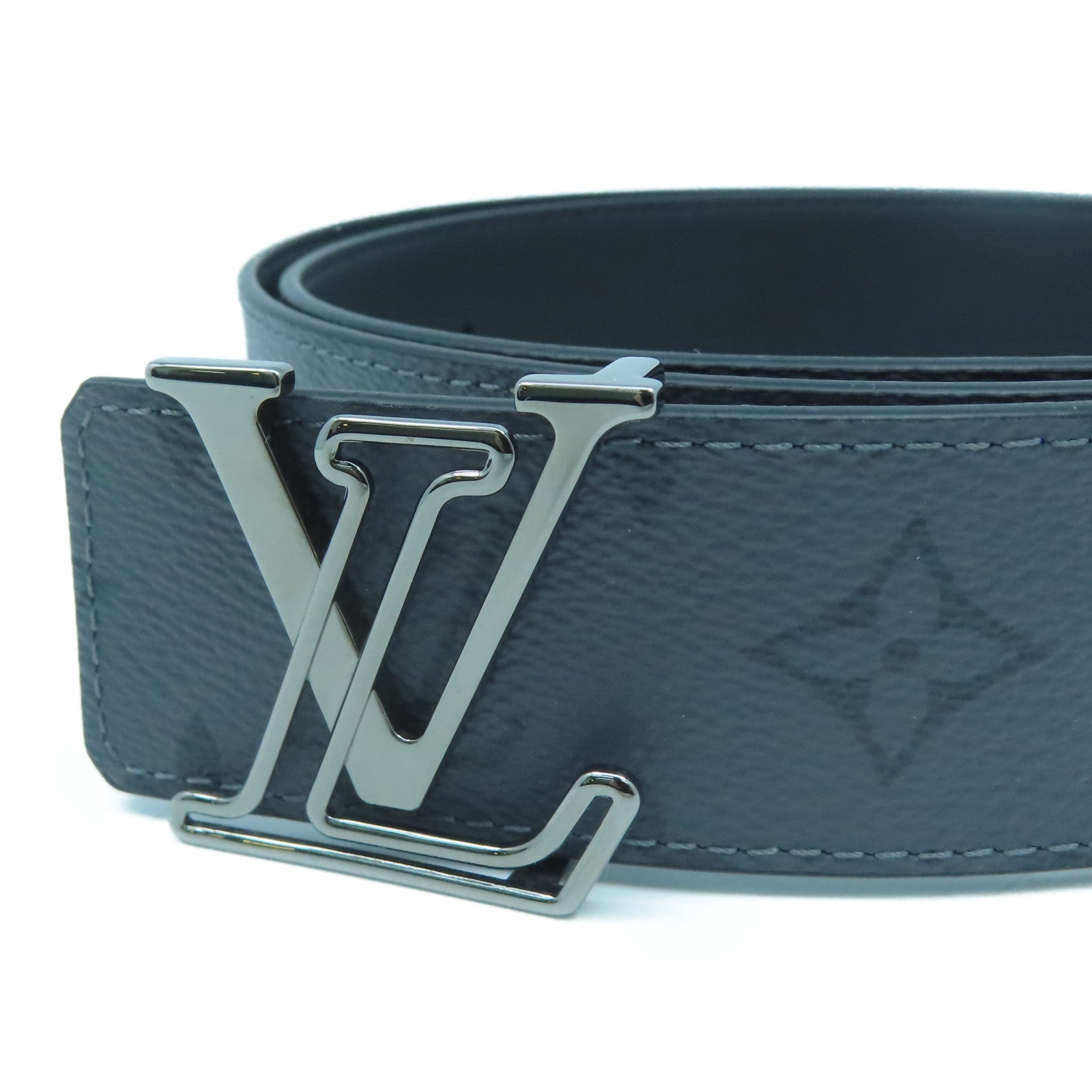 LOUIS VUITTON Monogram Eclipse Reverse Lv Line銀扣皮帶灰色/黑色