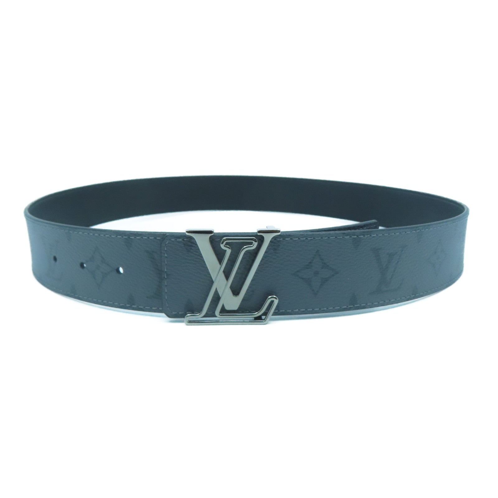 LOUIS VUITTON Monogram Eclipse Reverse Lv Line銀扣皮帶灰色/黑色