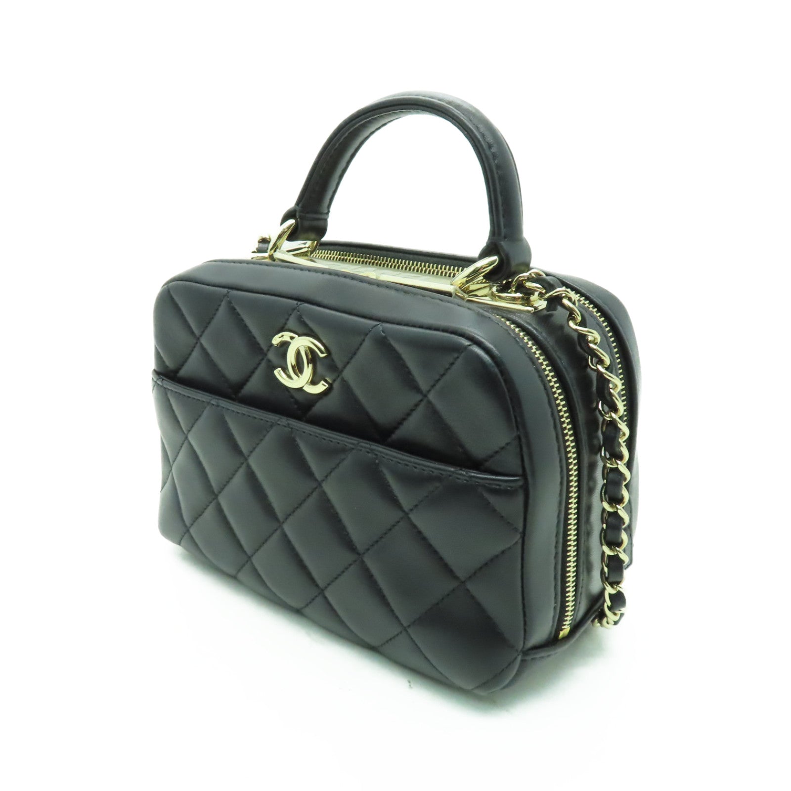 CHANEL 菱格羊皮皮革Small Trendy CC Bowling Bag金扣鏈帶肩背袋黑色