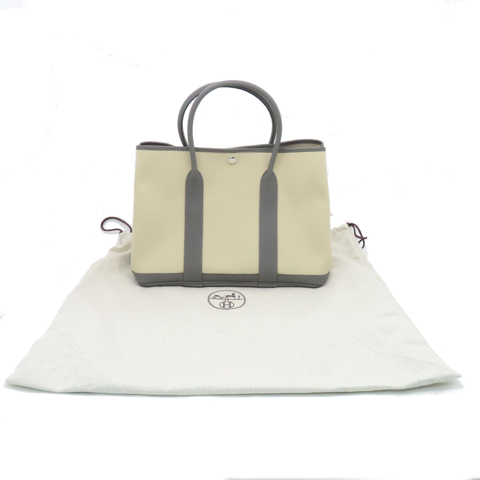 HERMES Toile Militaire GardenParty PM Silver Button Handle Bag Oil White/Gray