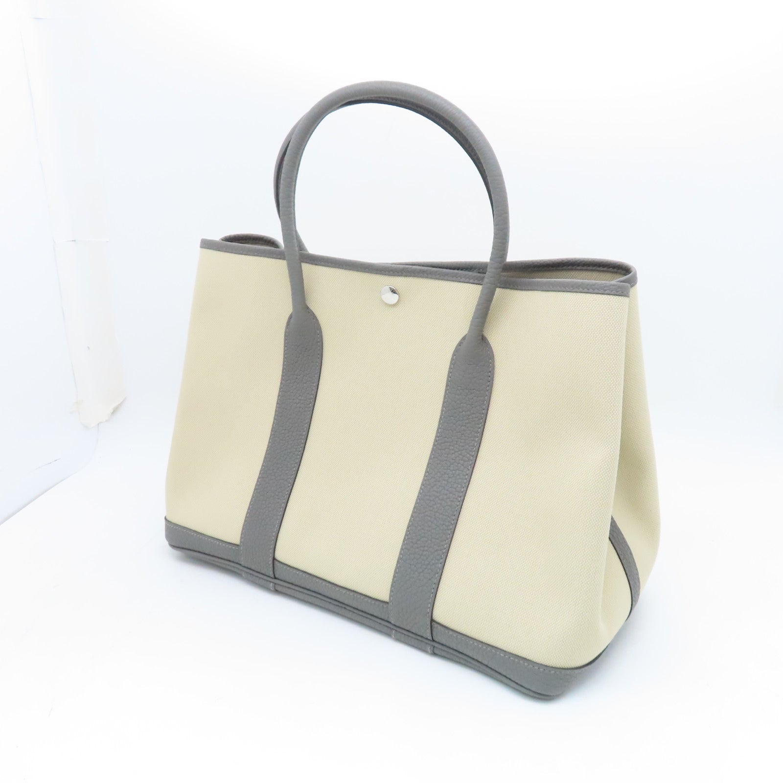 HERMES Toile Militaire GardenParty PM Silver Button Handle Bag Oil White/Gray
