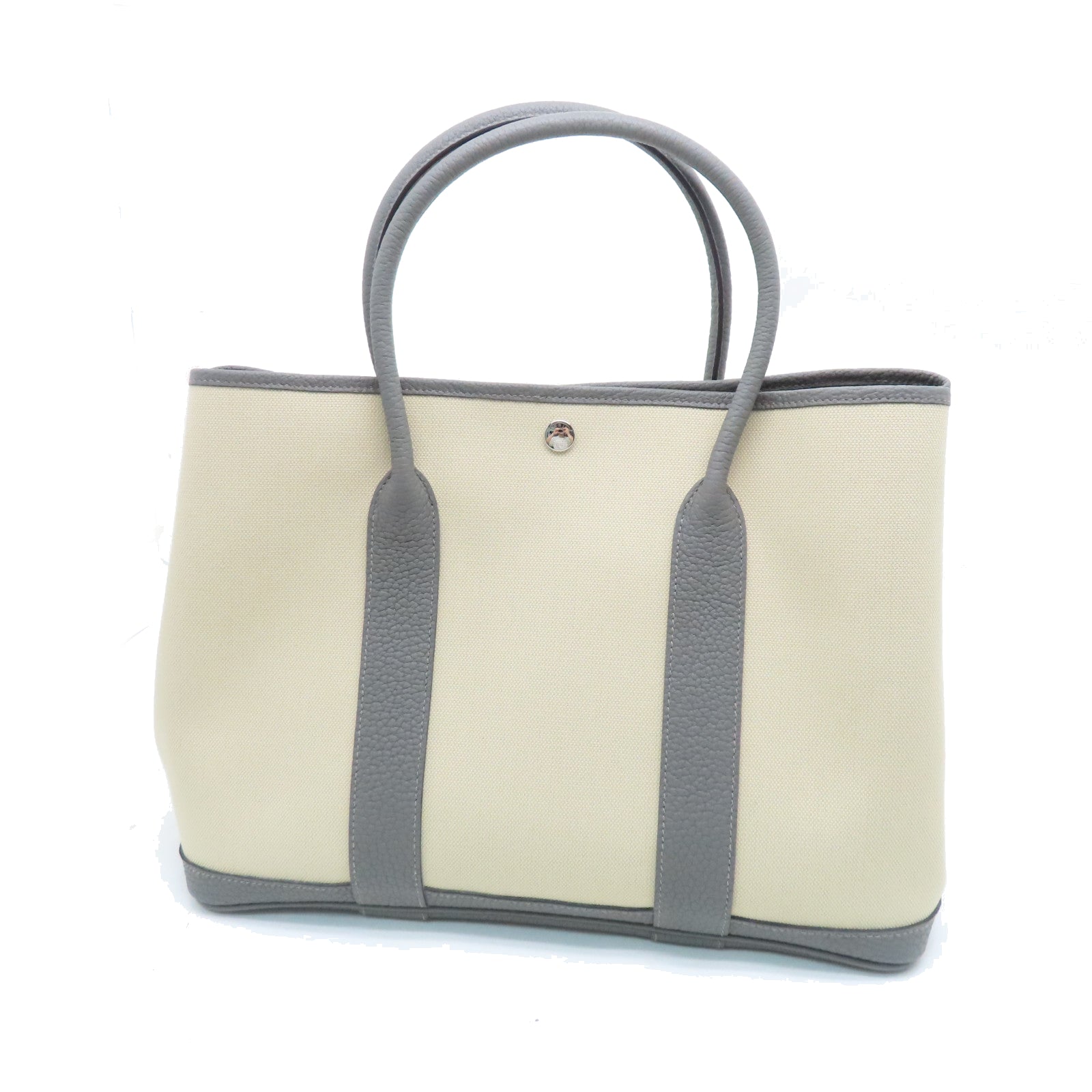 HERMES Toile Militaire GardenParty PM Silver Button Handle Bag Oil White/Gray