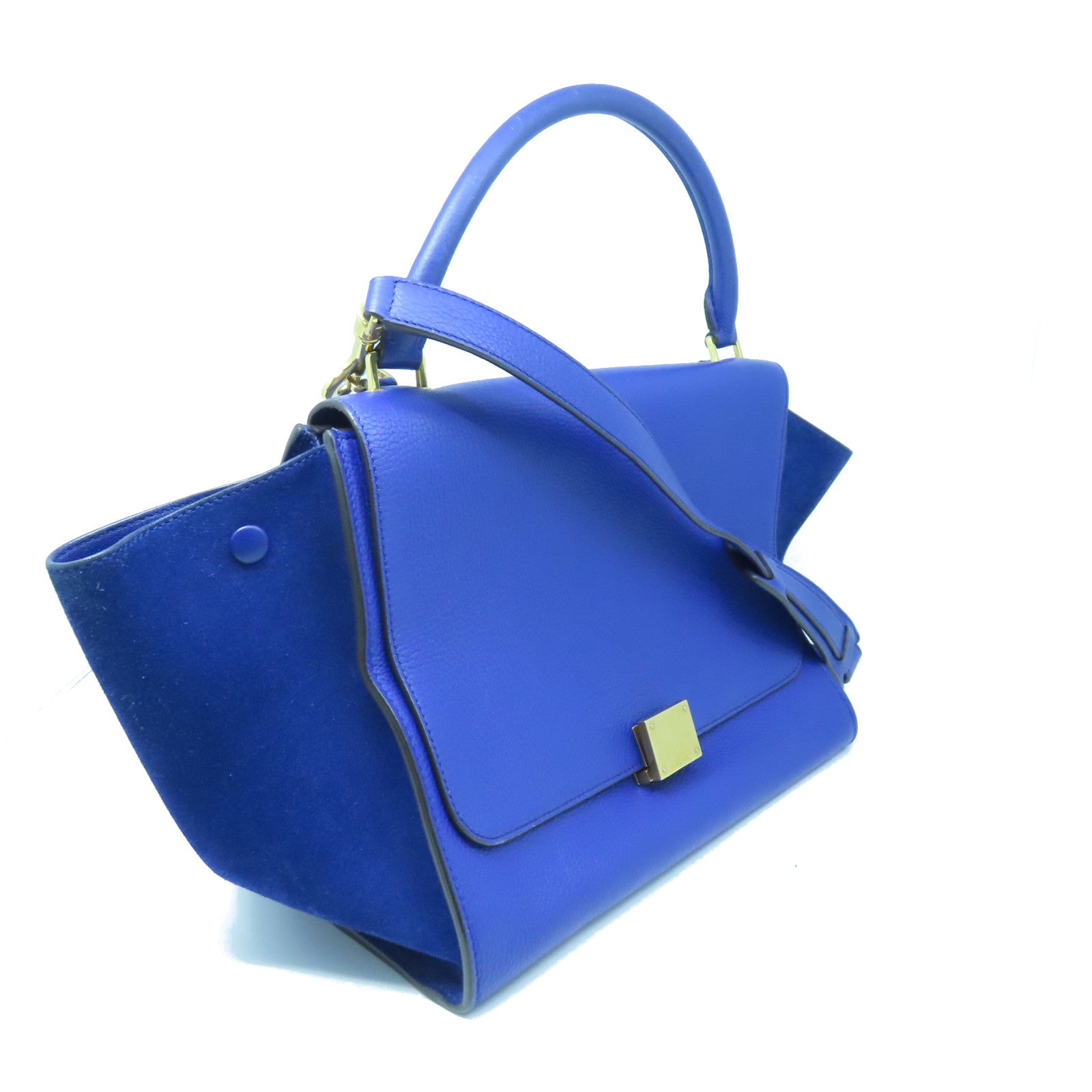 CELINE Cowhide Leather Trapeze Medium Gold Buckle Handle Shoulder Bag Blue