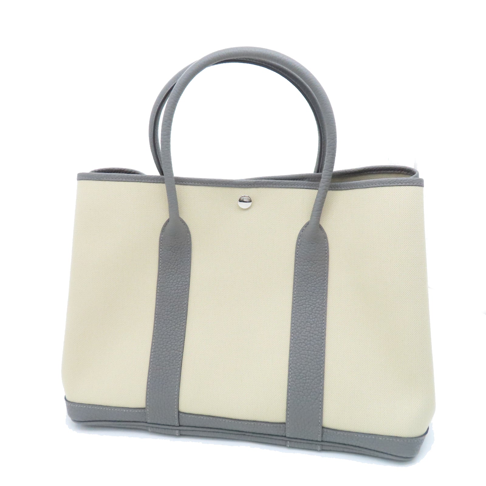 HERMES Toile Militaire GardenParty PM Silver Button Handle Bag Oil White/Gray