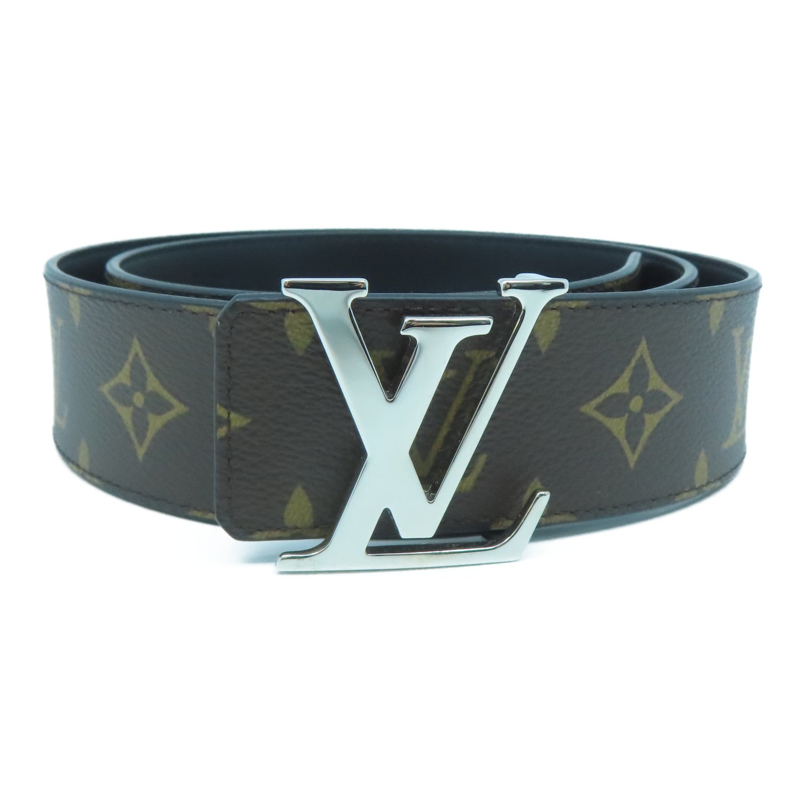 LOUIS VUITTON Monogram Lv lnitiales銀扣皮帶啡色/黑色