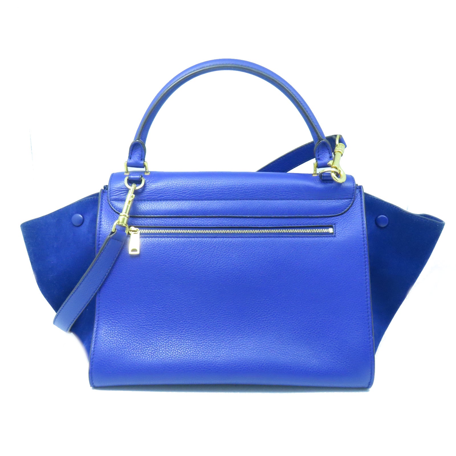 CELINE Cowhide Leather Trapeze Medium Gold Buckle Handle Shoulder Bag Blue