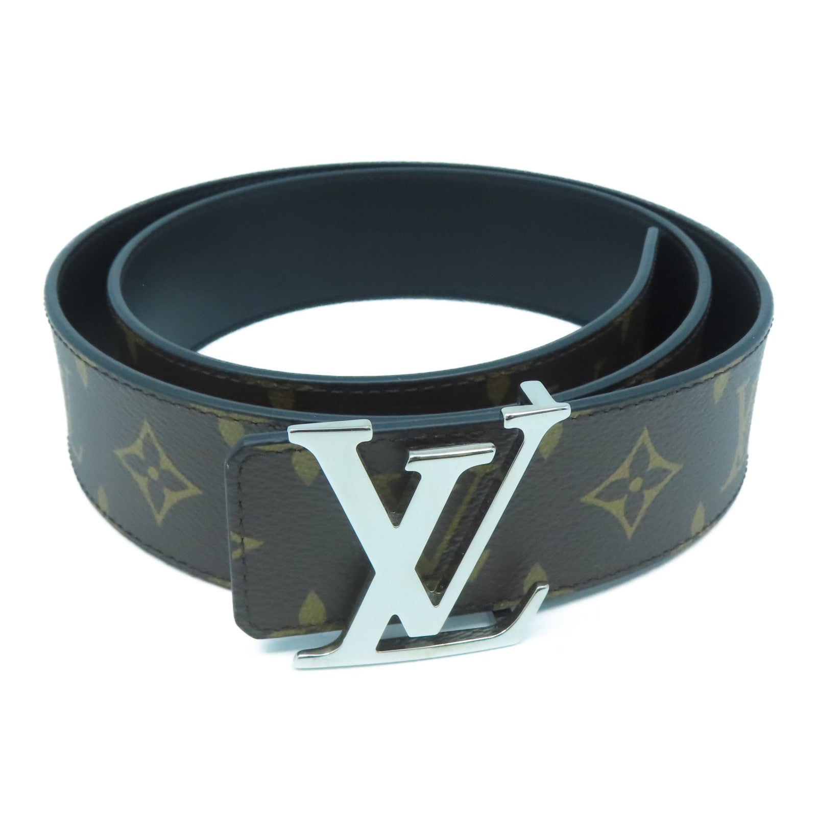 LOUIS VUITTON Monogram Lv lnitiales銀扣皮帶啡色/黑色