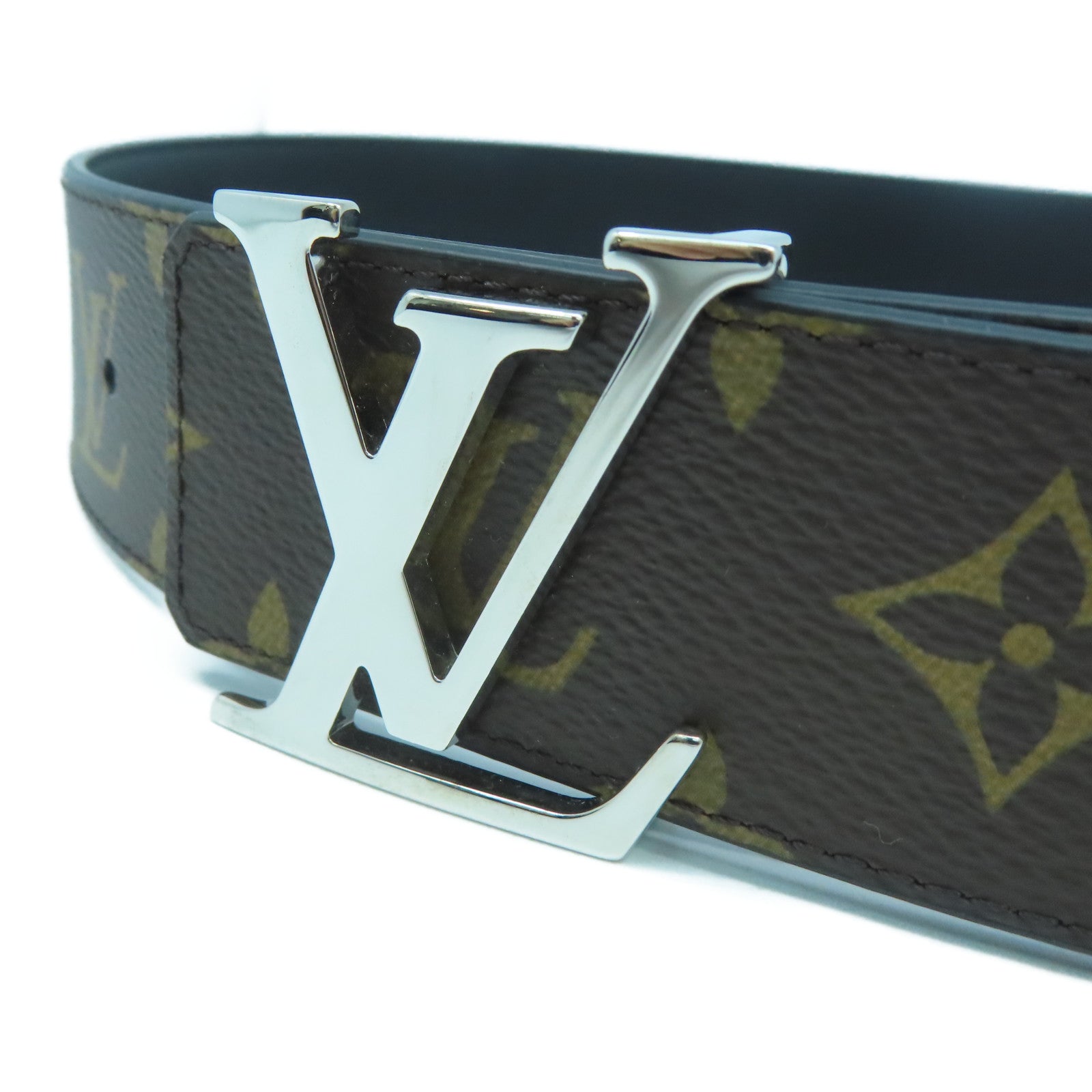 LOUIS VUITTON Monogram Lv lnitiales銀扣皮帶啡色/黑色