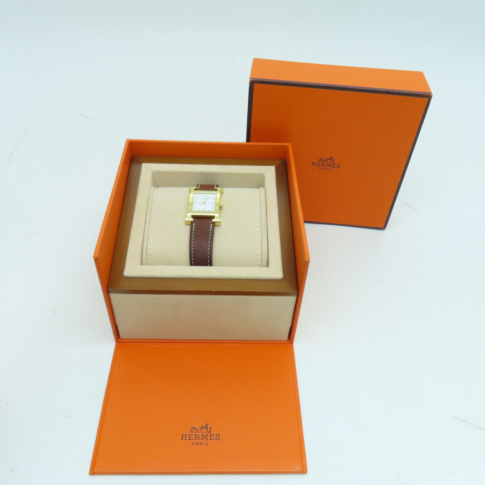 HERMES H watchSwift皮革金扣手錶石英機芯白色/啡色