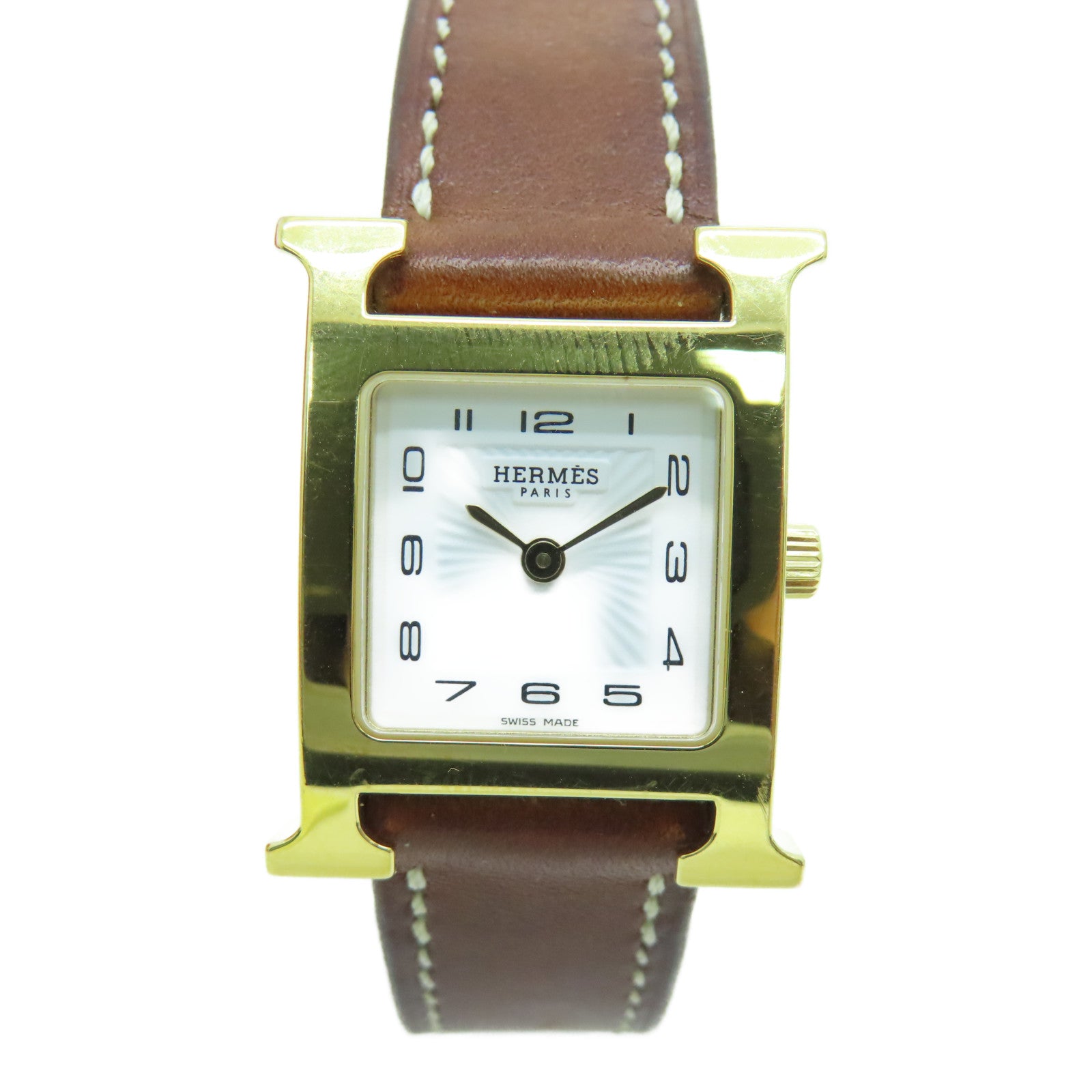 HERMES H watchSwift皮革金扣手錶石英機芯白色/啡色