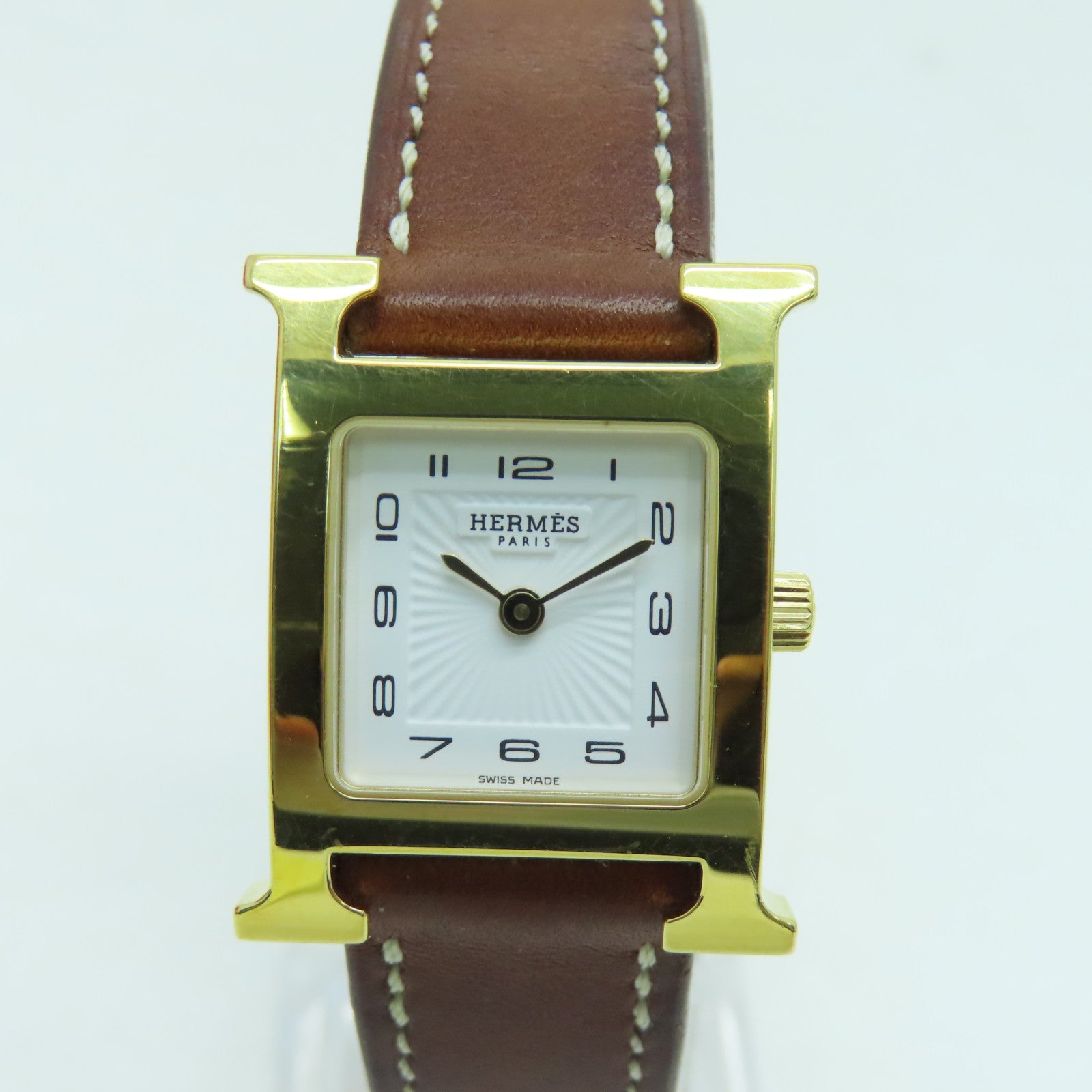 HERMES H watchSwift皮革金扣手錶石英機芯白色/啡色