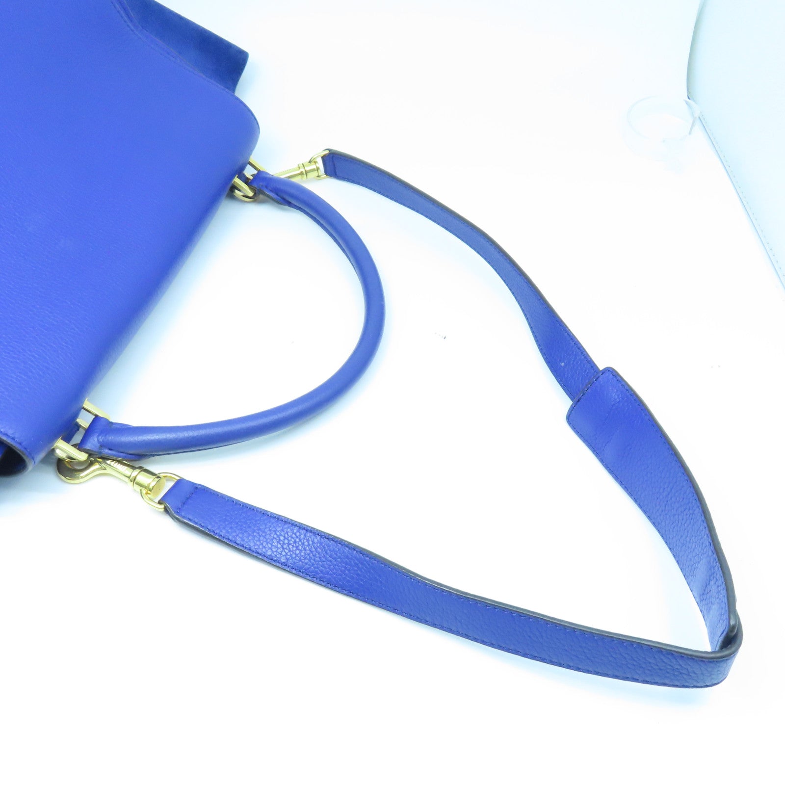 CELINE Cowhide Leather Trapeze Medium Gold Buckle Handle Shoulder Bag Blue
