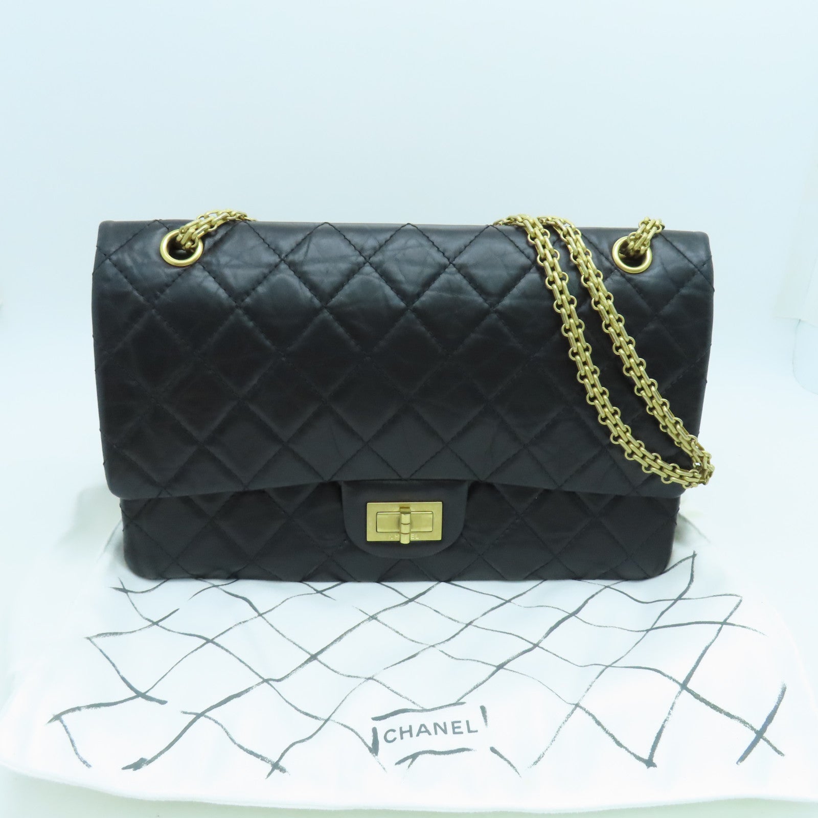 CHANEL 菱格牛皮皮革2.55 Chain Shoulder Bag金扣链带肩背袋黑色
