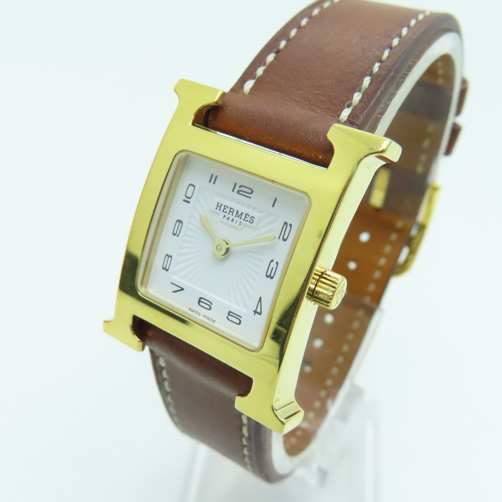 HERMES H watchSwift皮革金扣手錶石英機芯白色/啡色