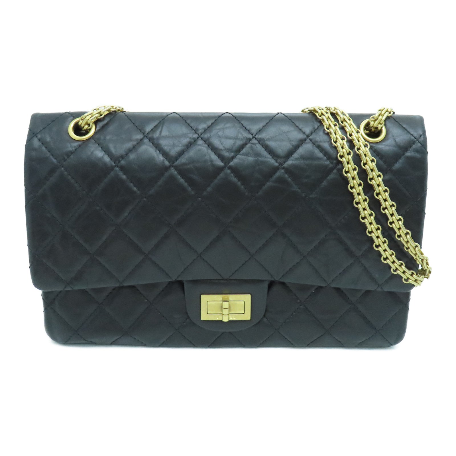 CHANEL 菱格牛皮皮革2.55 Chain Shoulder Bag金扣链带肩背袋黑色