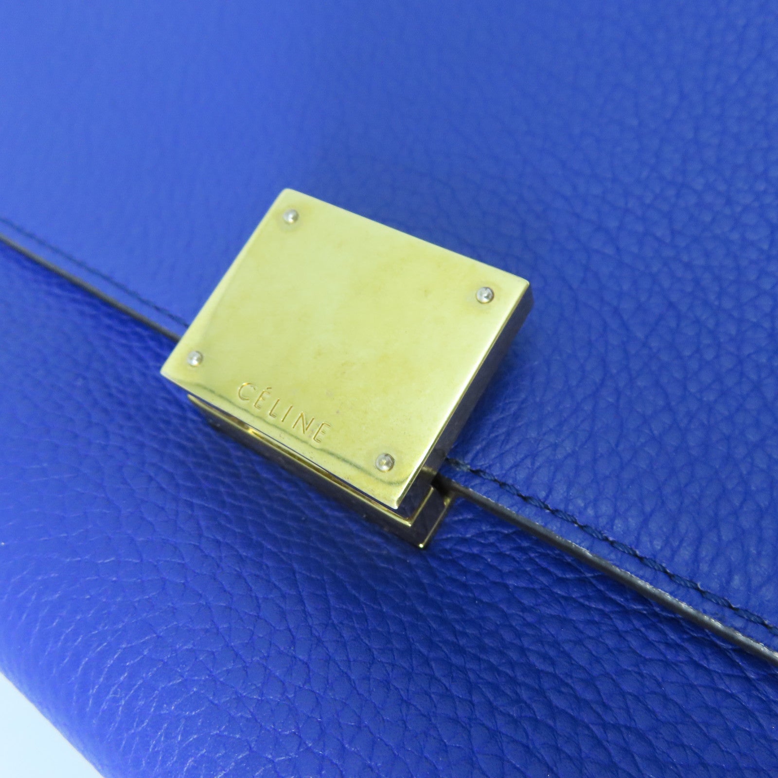 CELINE Cowhide Leather Trapeze Medium Gold Buckle Handle Shoulder Bag Blue
