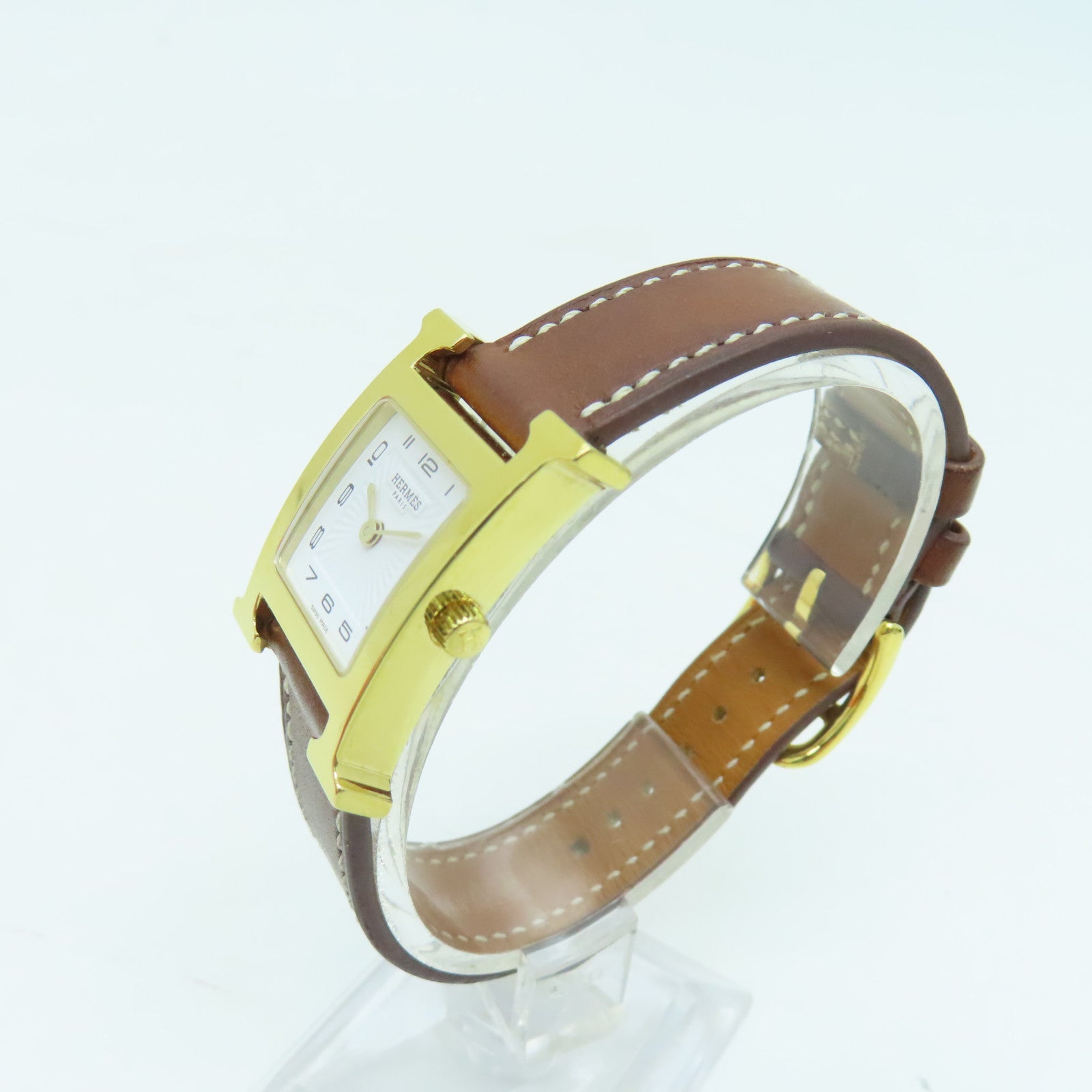 HERMES H watchSwift皮革金扣手錶石英機芯白色/啡色