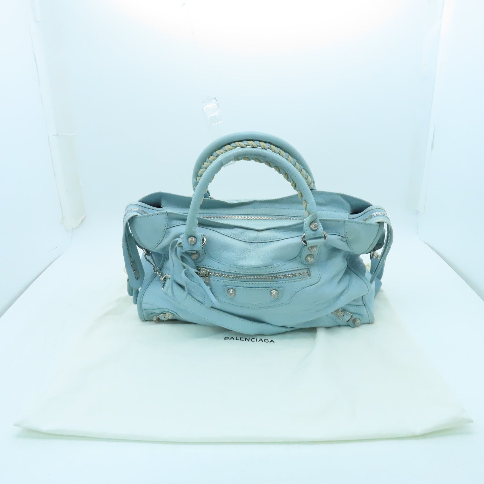 BALENCIAGA 牛皮皮革City银扣手挽肩背两用袋浅蓝色
