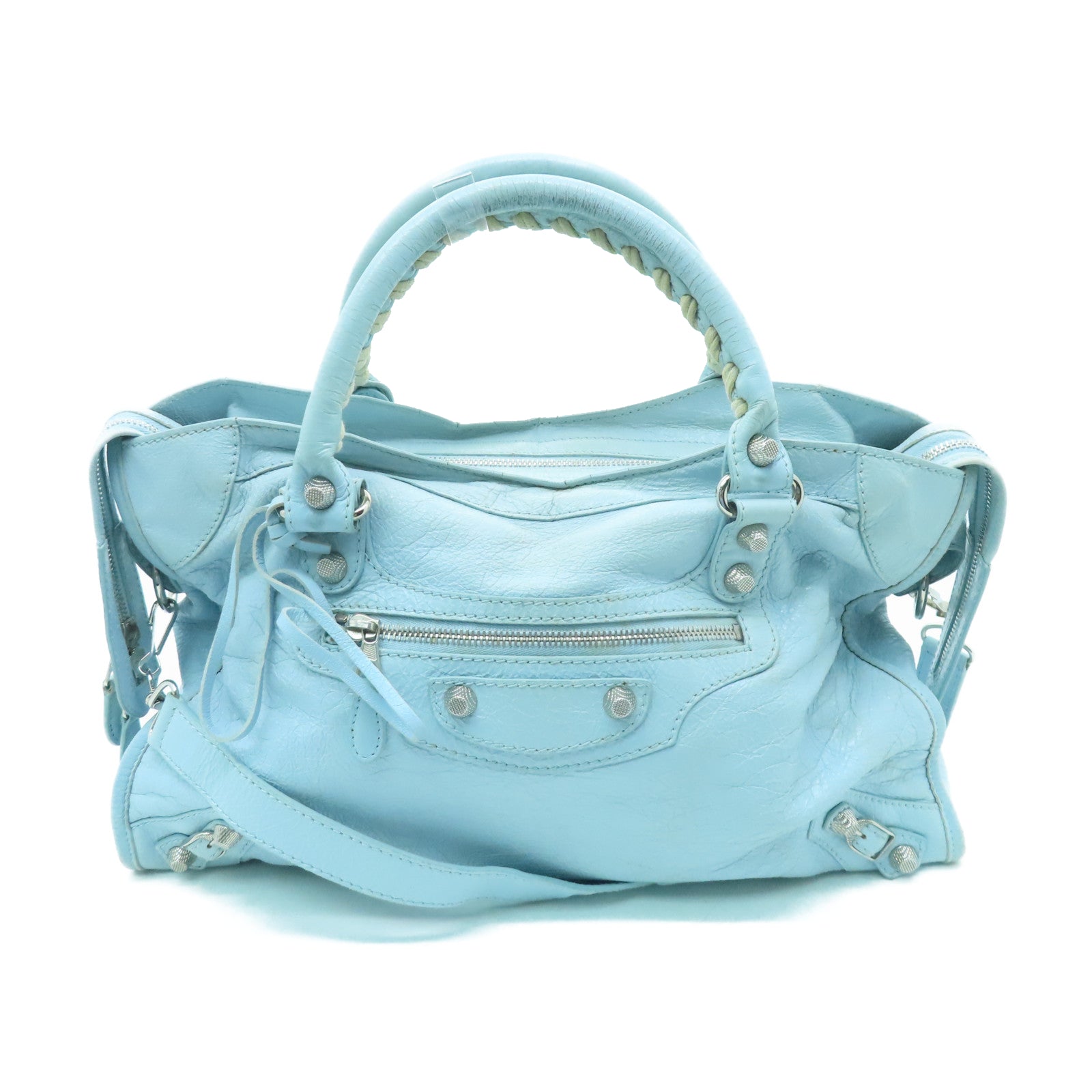 BALENCIAGA 牛皮皮革City银扣手挽肩背两用袋浅蓝色