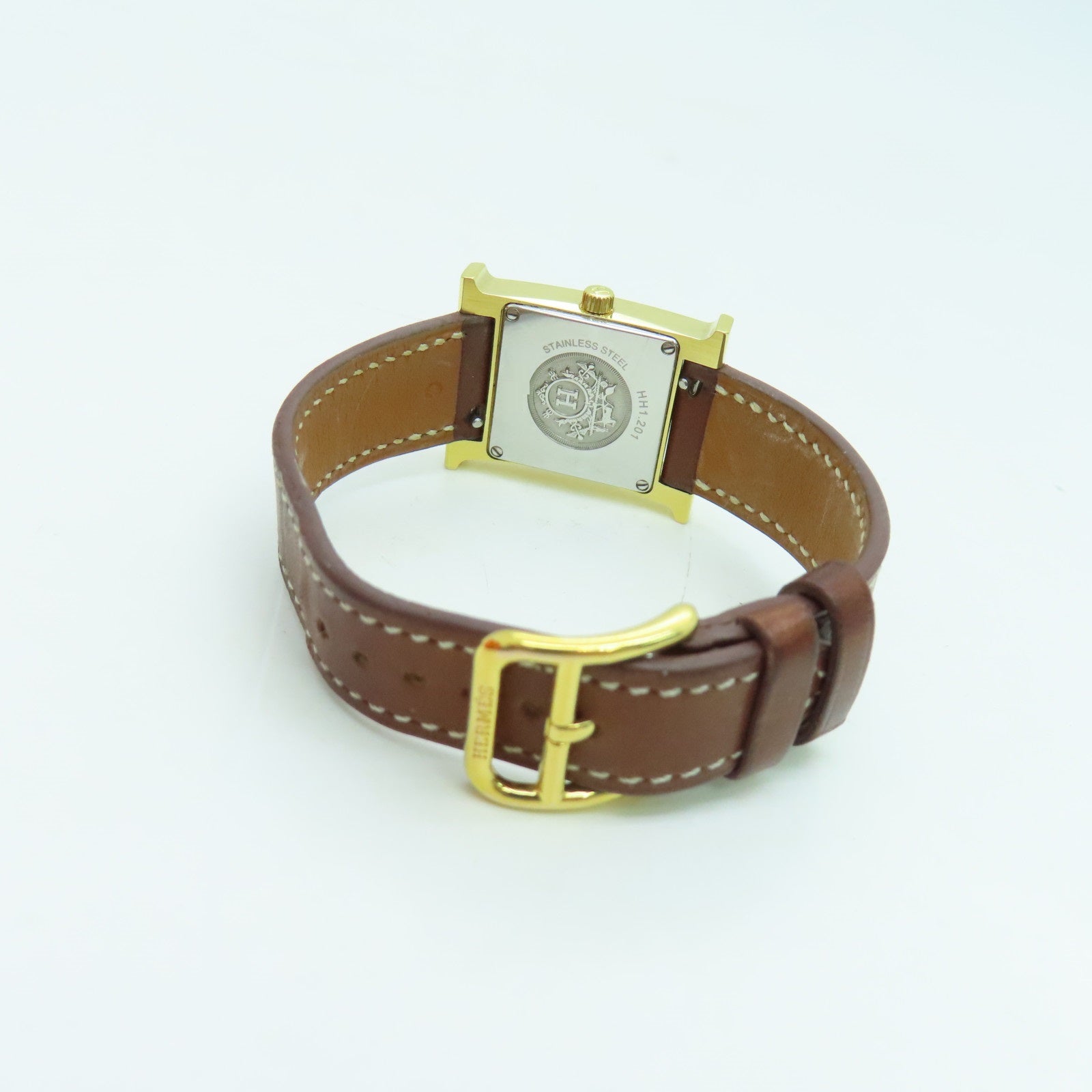 HERMES H watchSwift皮革金扣手錶石英機芯白色/啡色