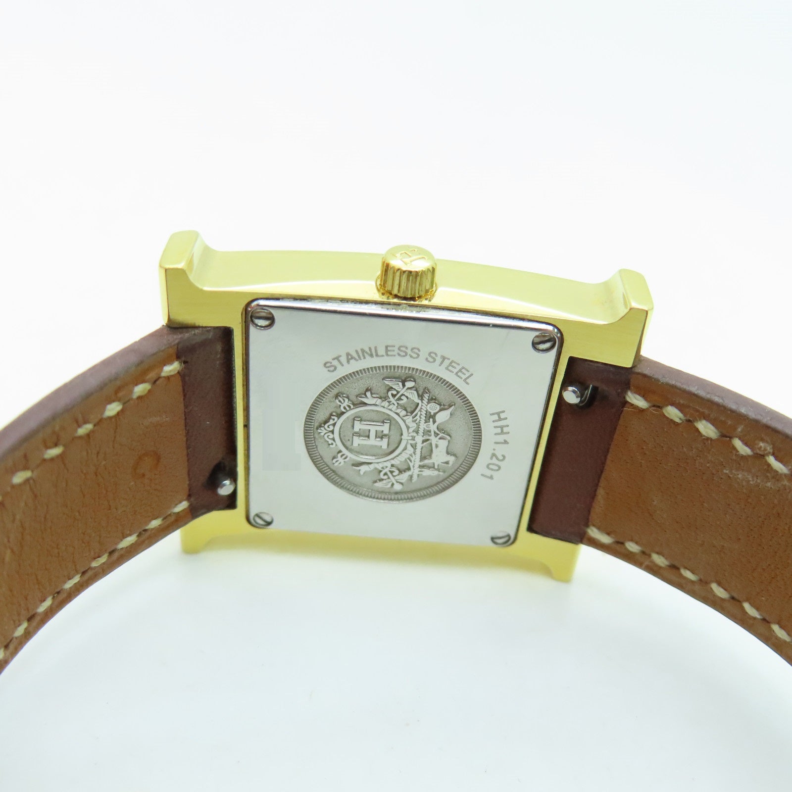 HERMES H watchSwift皮革金扣手錶石英機芯白色/啡色