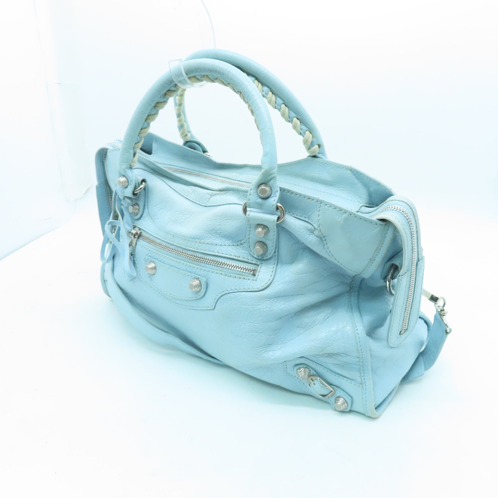 BALENCIAGA 牛皮皮革City银扣手挽肩背两用袋浅蓝色