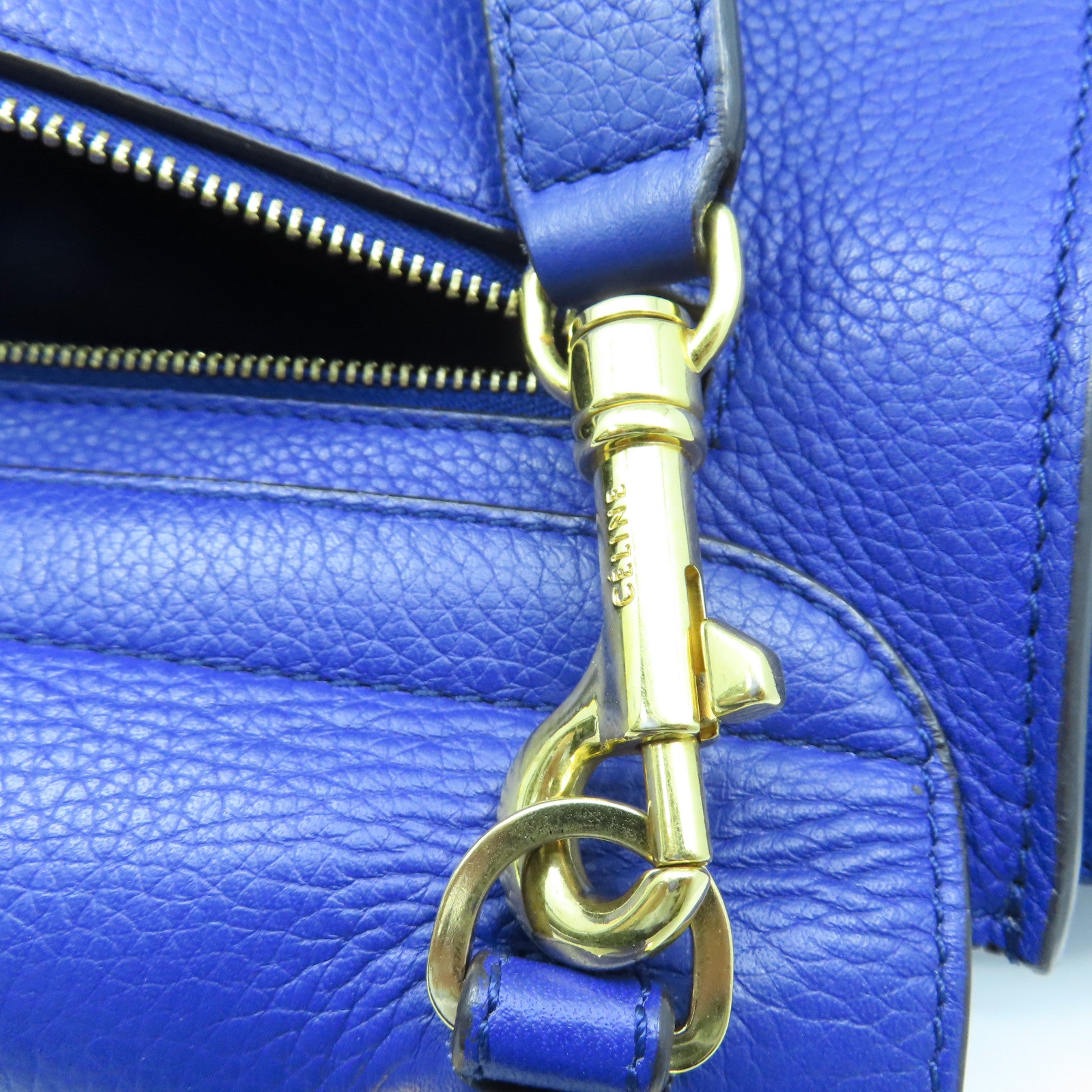 CELINE Cowhide Leather Trapeze Medium Gold Buckle Handle Shoulder Bag Blue