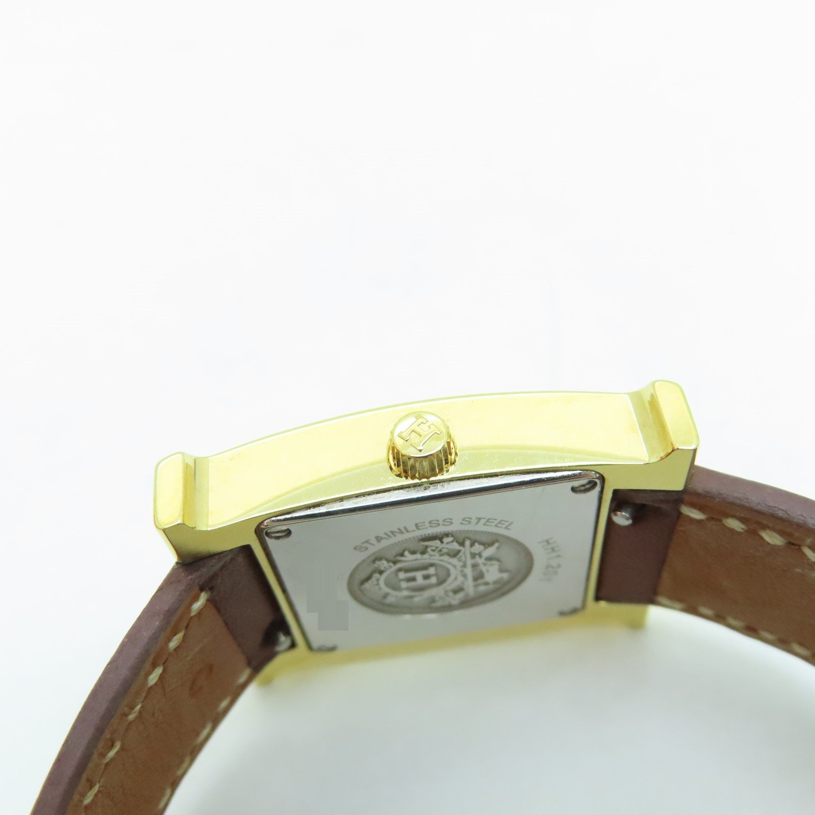 HERMES H watchSwift皮革金扣手錶石英機芯白色/啡色