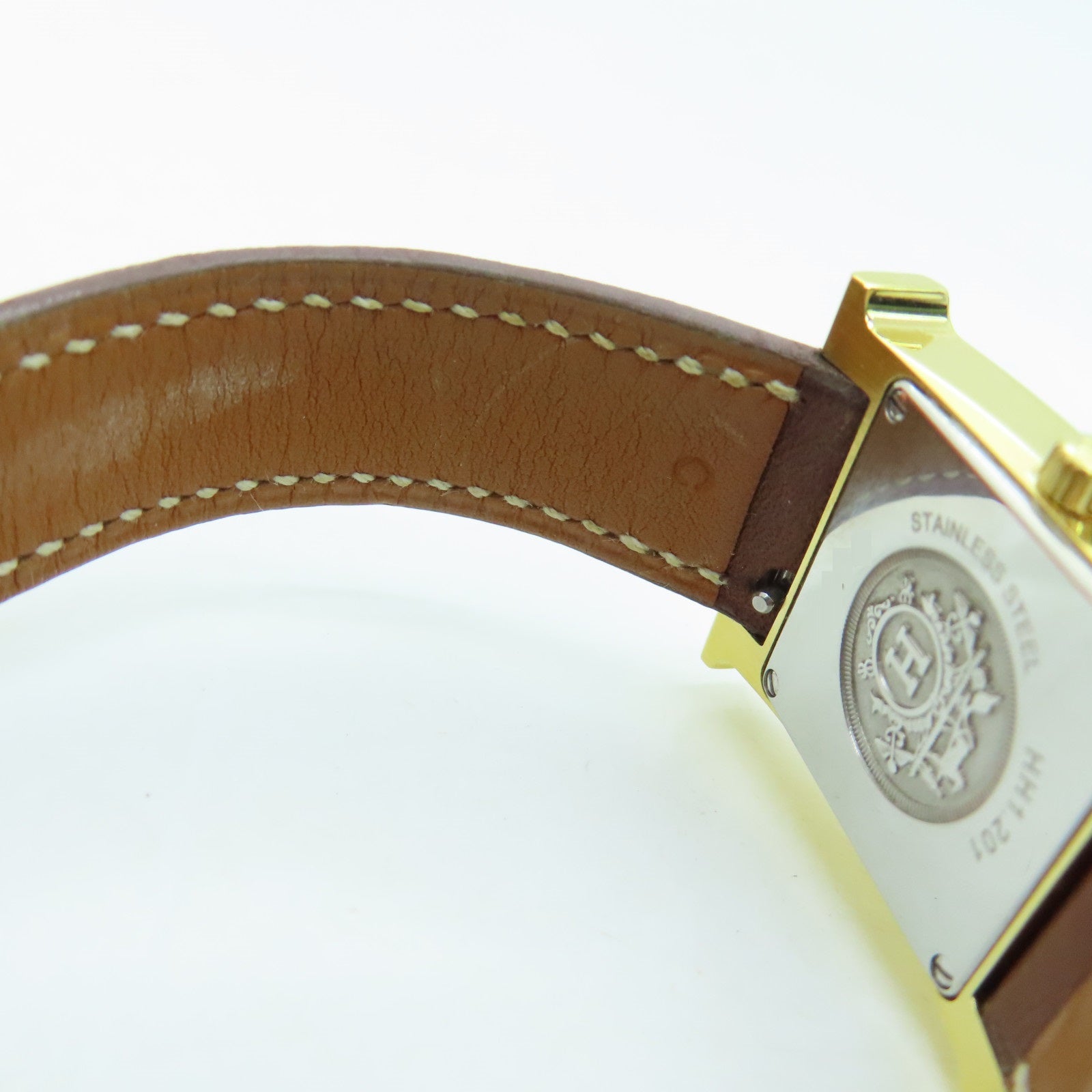 HERMES H watchSwift皮革金扣手錶石英機芯白色/啡色