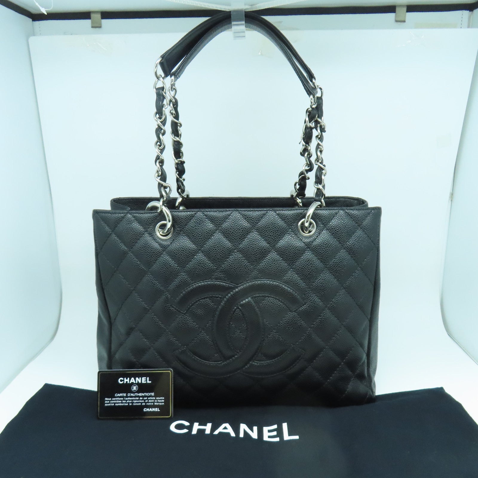 CHANEL 菱格Caviar皮革GST銀扣鏈帶肩背袋黑色