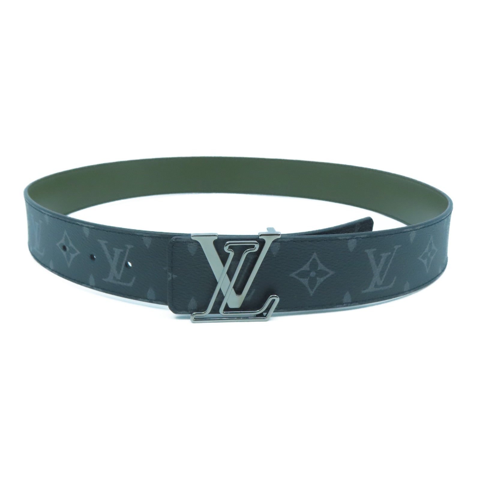 LOUIS VUITTON Monogram Eclipse Lv Line銀扣皮帶黑色/綠色