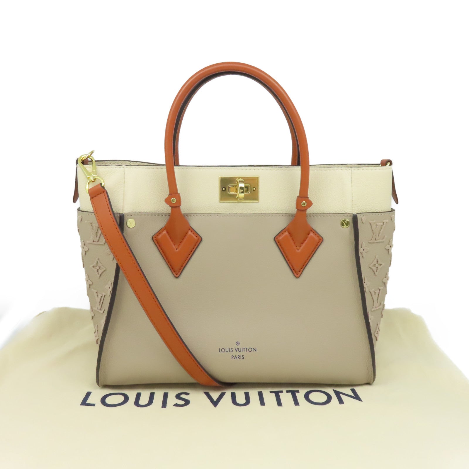 LOUIS VUITTON Monogram Tuffetage On My Side MM 2Way Shoulder Bag手挽肩背兩用袋杏色