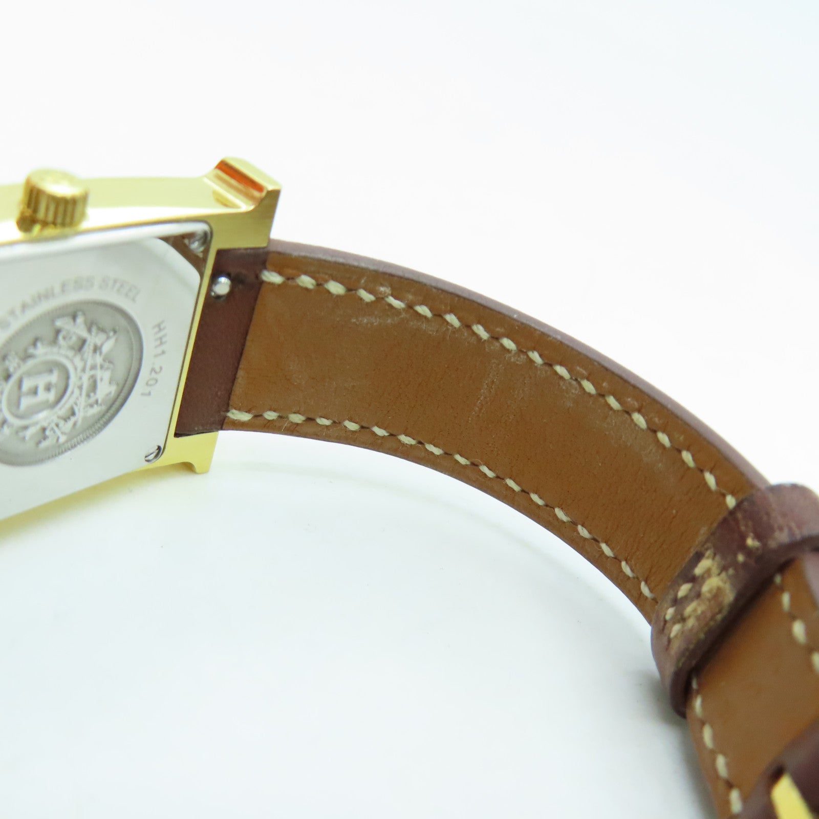 HERMES H watchSwift皮革金扣手錶石英機芯白色/啡色