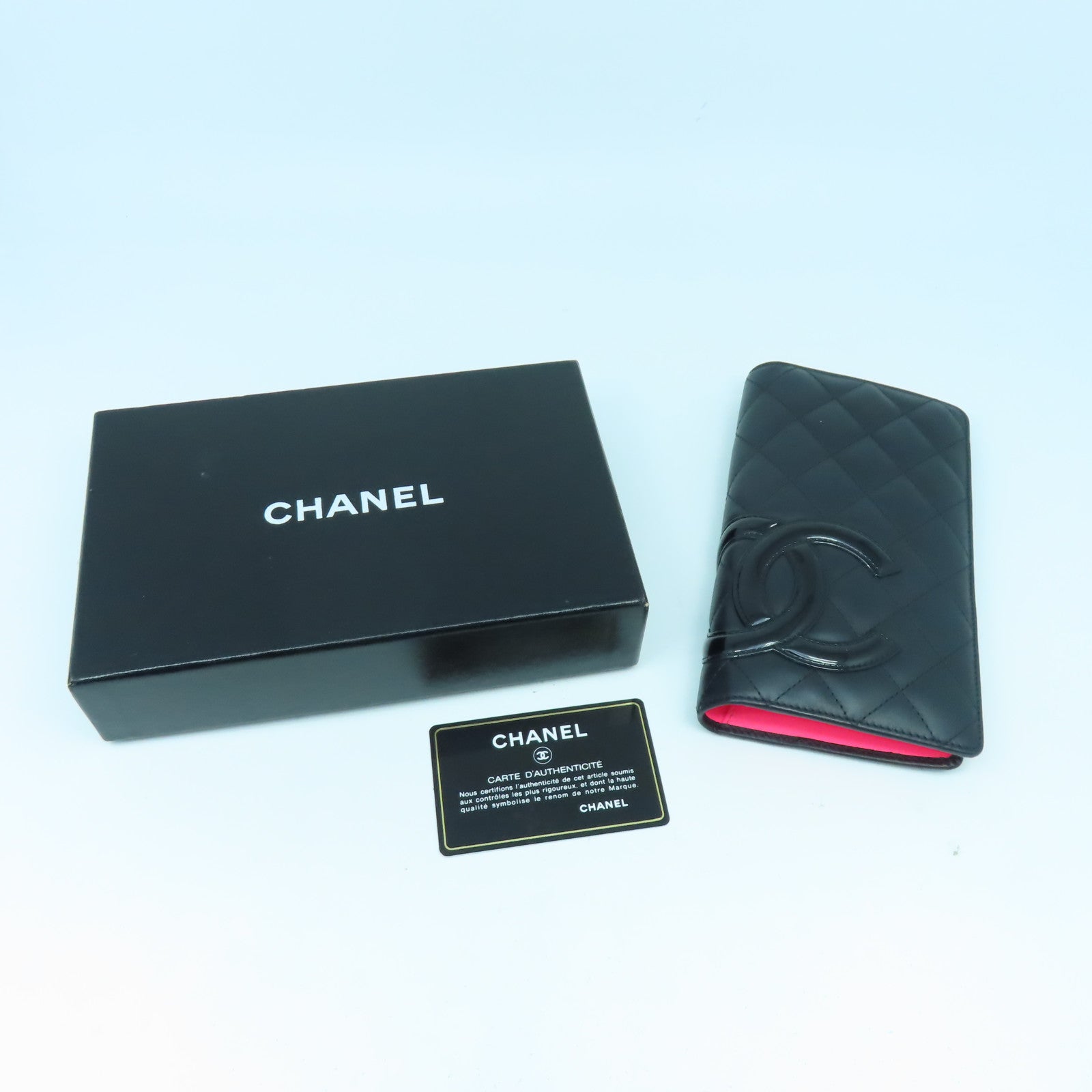 CHANEL 菱格牛皮皮革Cambon Line銀扣長錢包黑色