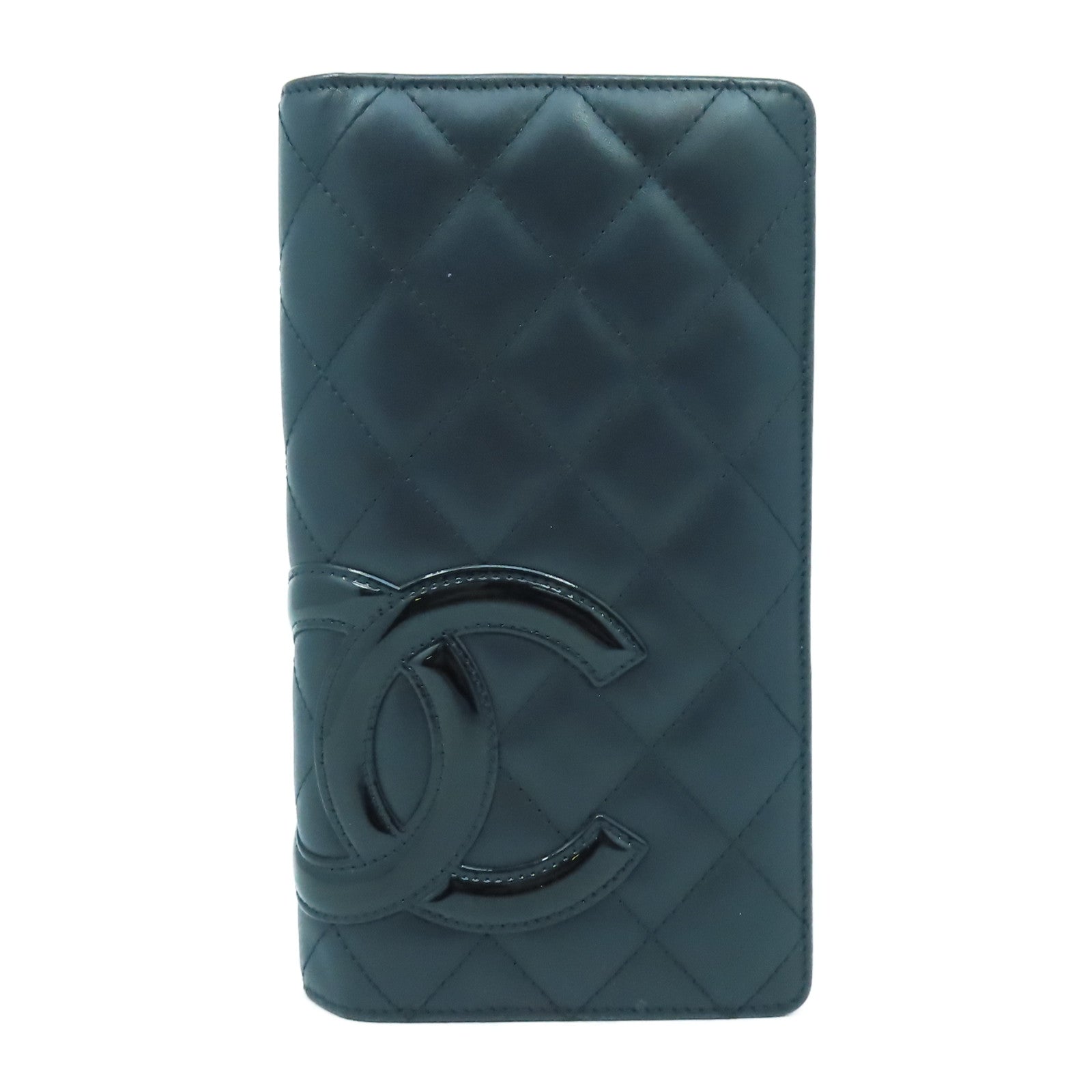 CHANEL 菱格牛皮皮革Cambon Line銀扣長錢包黑色