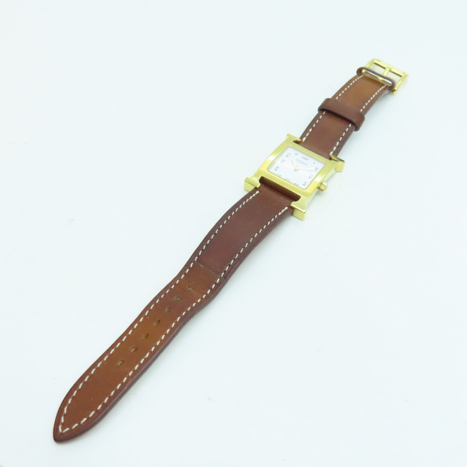 HERMES H watchSwift皮革金扣手錶石英機芯白色/啡色