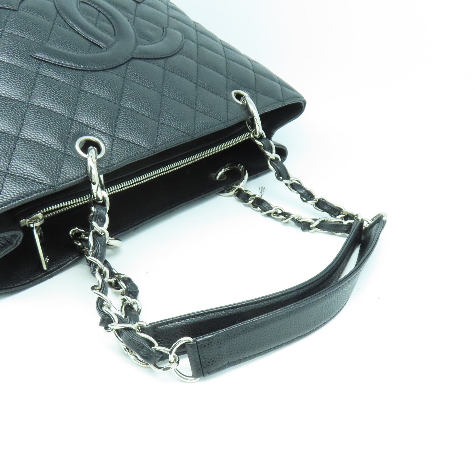 CHANEL 菱格Caviar皮革GST銀扣鏈帶肩背袋黑色