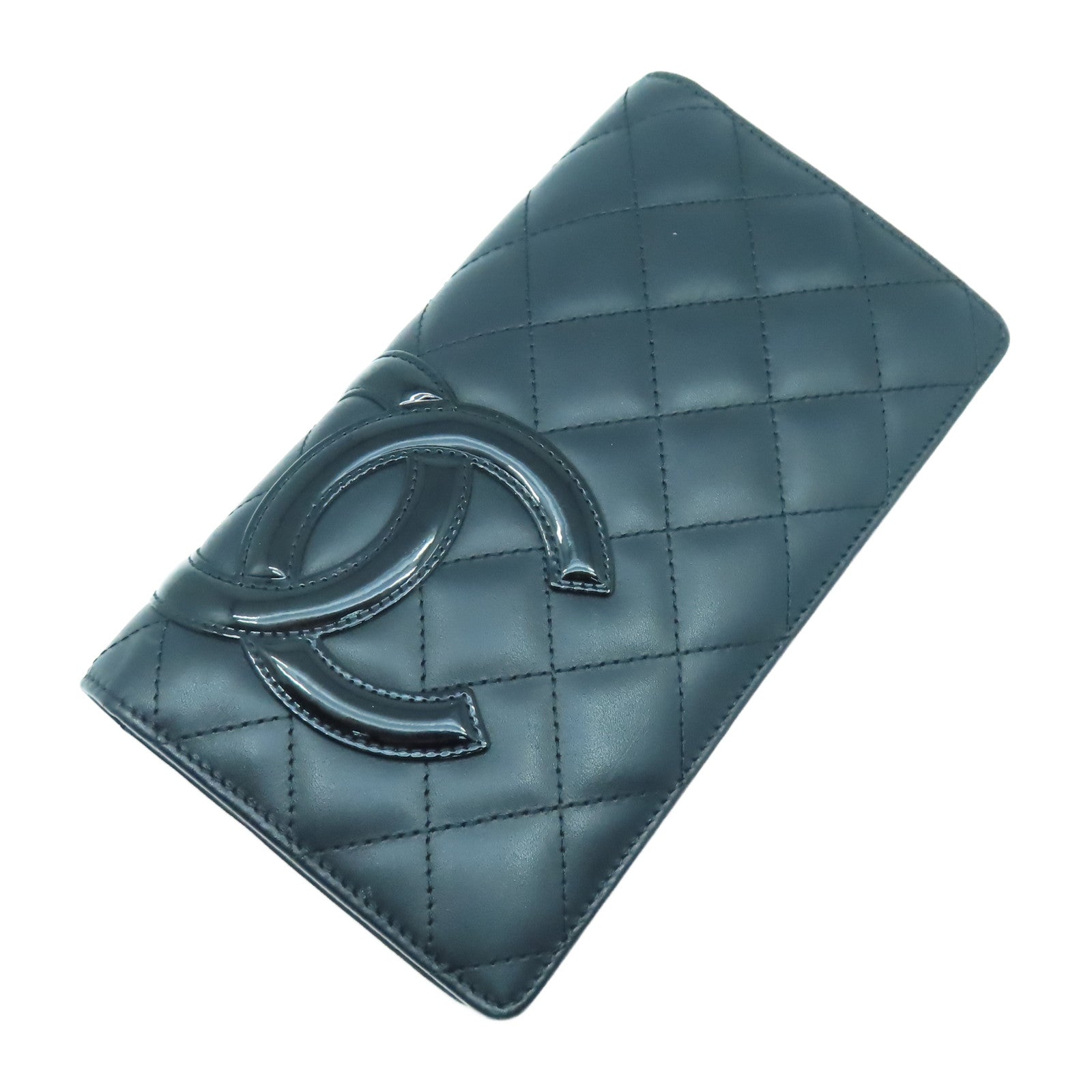 CHANEL 菱格牛皮皮革Cambon Line銀扣長錢包黑色