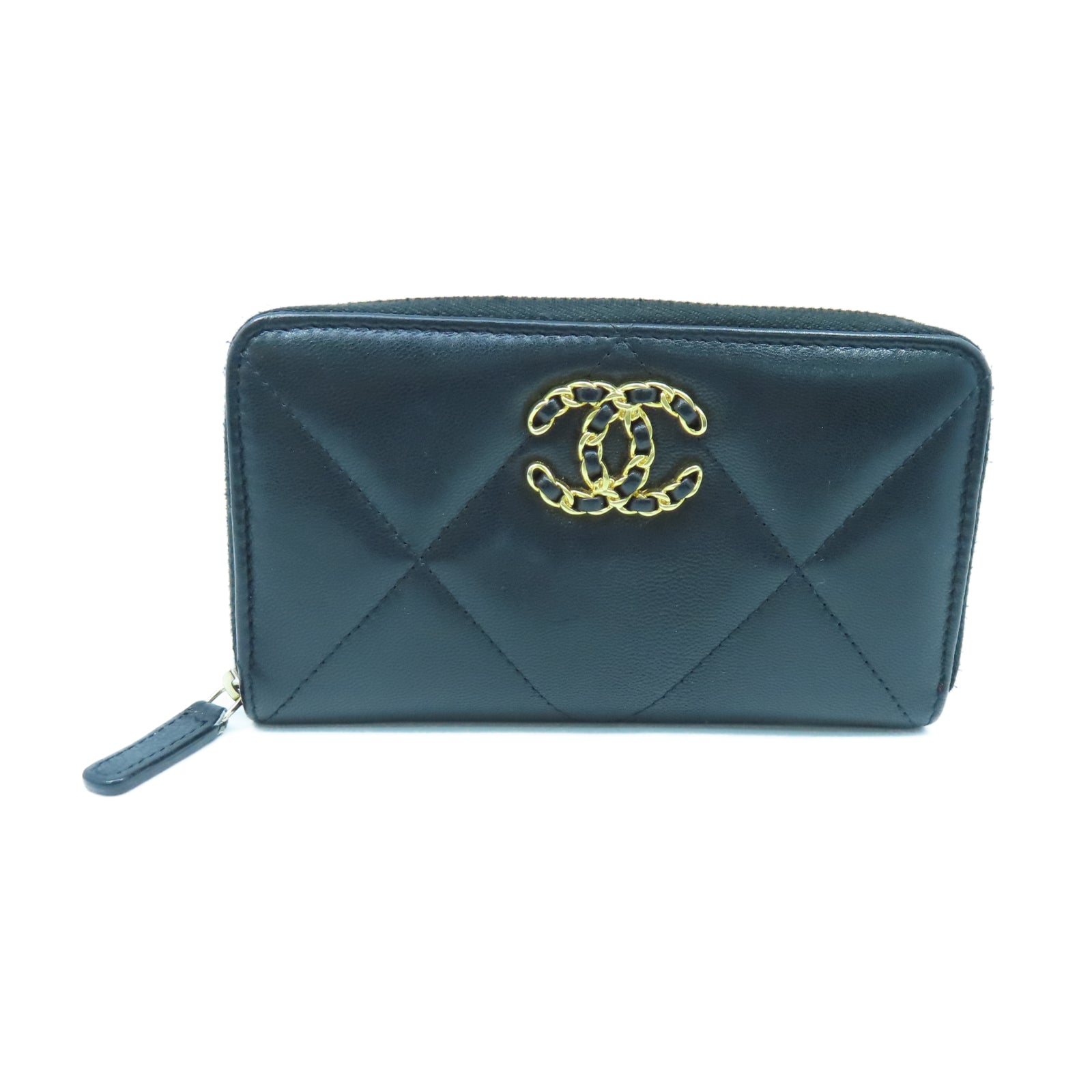 CHANEL 菱格羊皮皮革Zipper Wallet金扣長錢包黑色