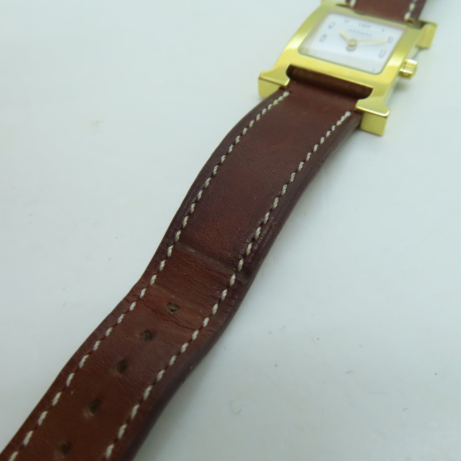 HERMES H watchSwift皮革金扣手錶石英機芯白色/啡色