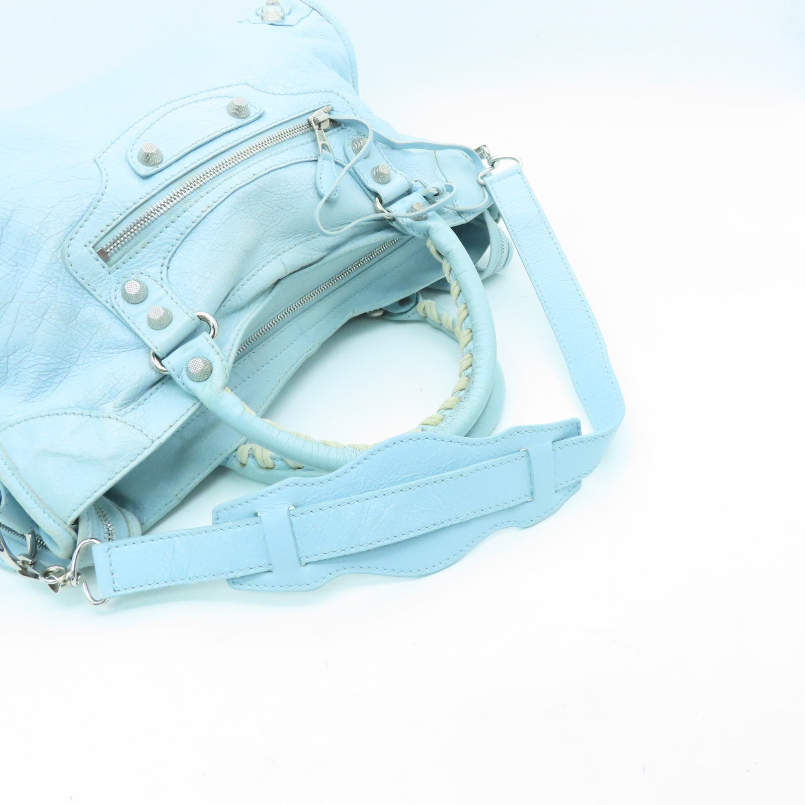 BALENCIAGA 牛皮皮革City银扣手挽肩背两用袋浅蓝色