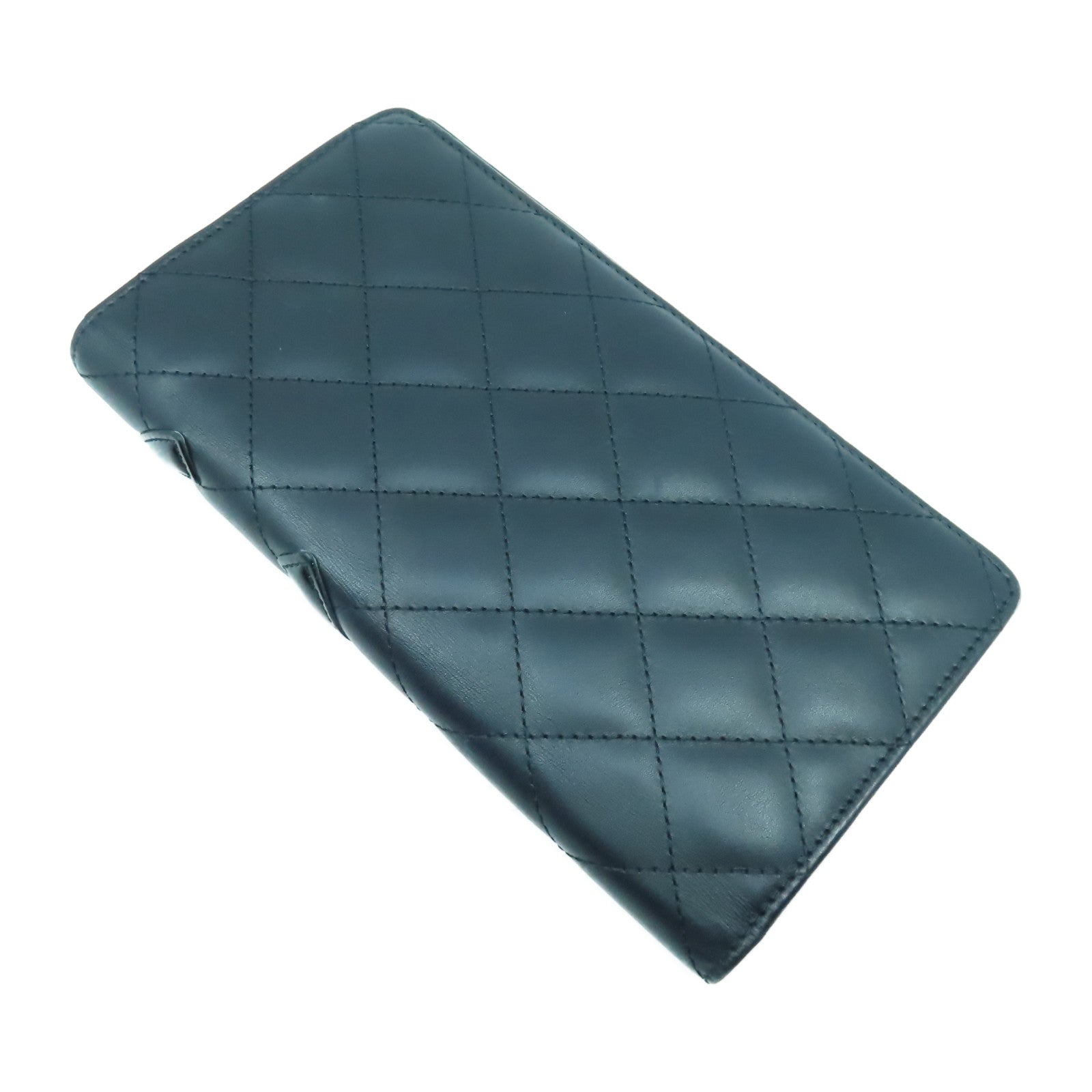 CHANEL 菱格牛皮皮革Cambon Line銀扣長錢包黑色