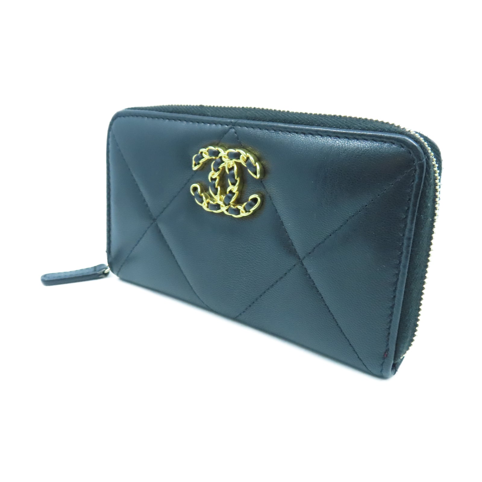 CHANEL 菱格羊皮皮革Zipper Wallet金扣長錢包黑色
