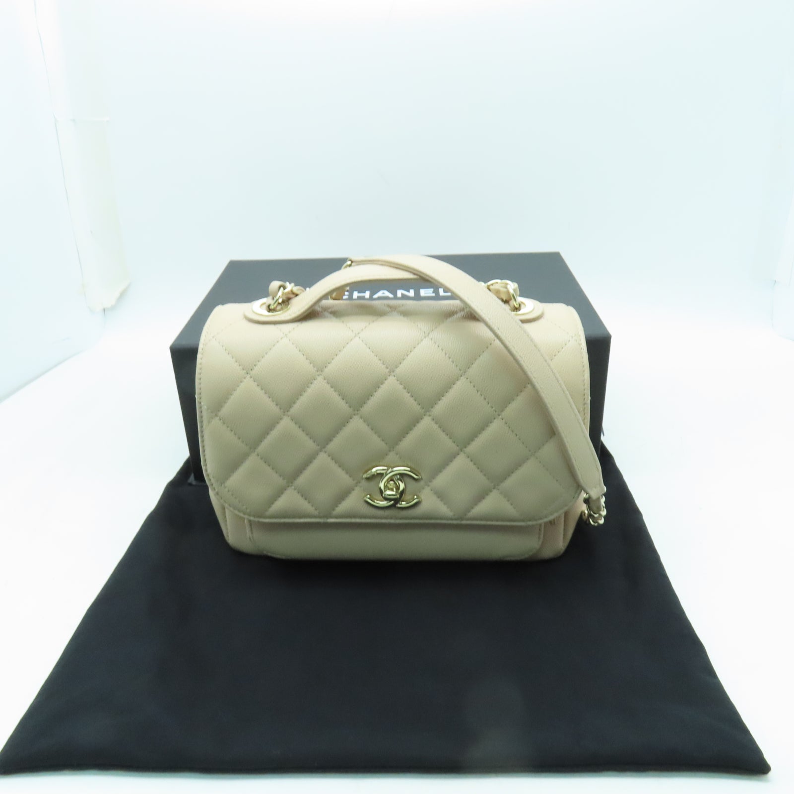 CHANEL 菱格牛皮皮革Shoulder Bag金扣鏈帶肩背袋米色