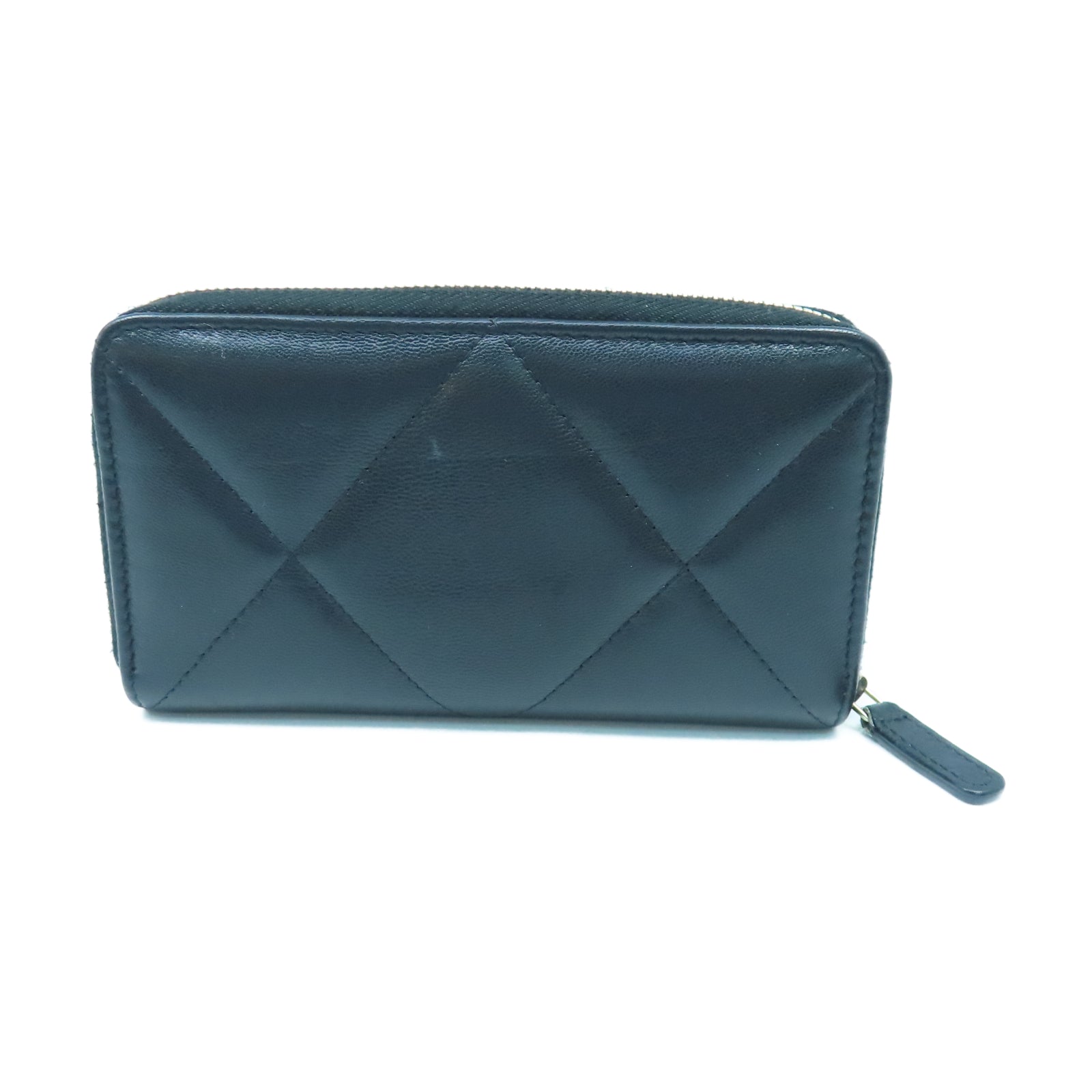 CHANEL 菱格羊皮皮革Zipper Wallet金扣長錢包黑色