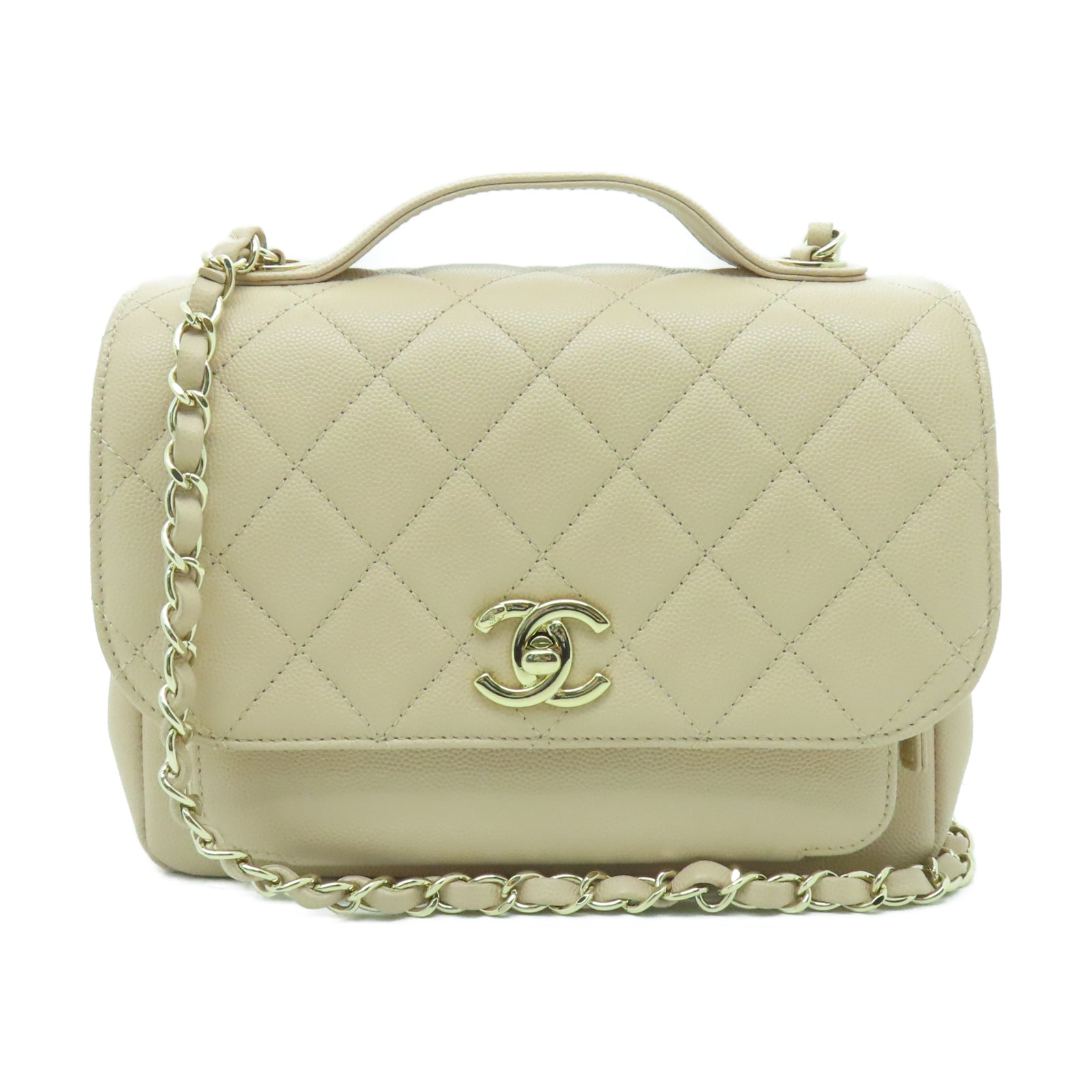CHANEL 菱格牛皮皮革Shoulder Bag金扣鏈帶肩背袋米色