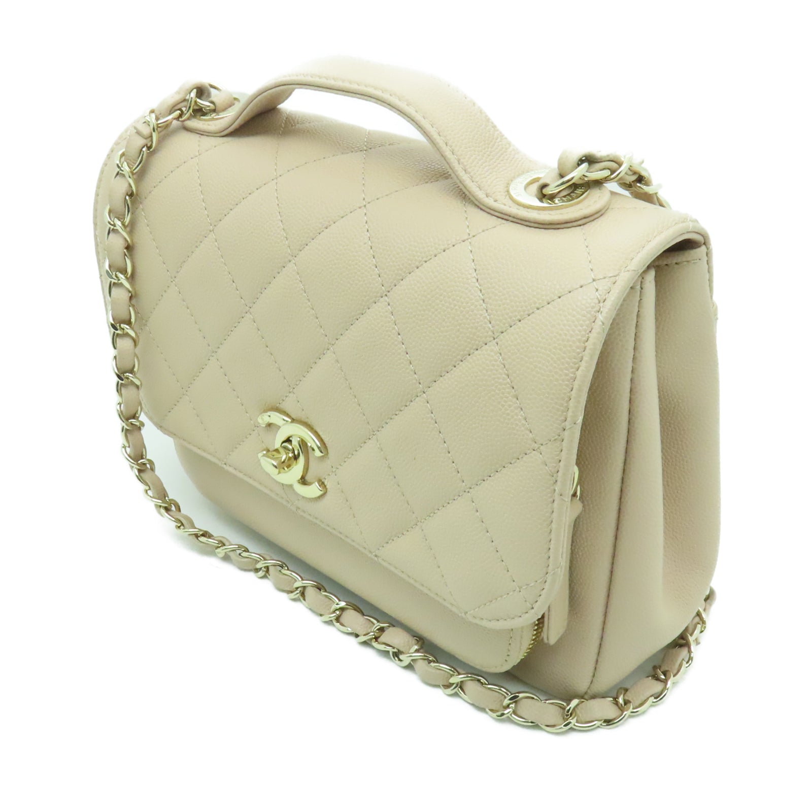 CHANEL 菱格牛皮皮革Shoulder Bag金扣鏈帶肩背袋米色